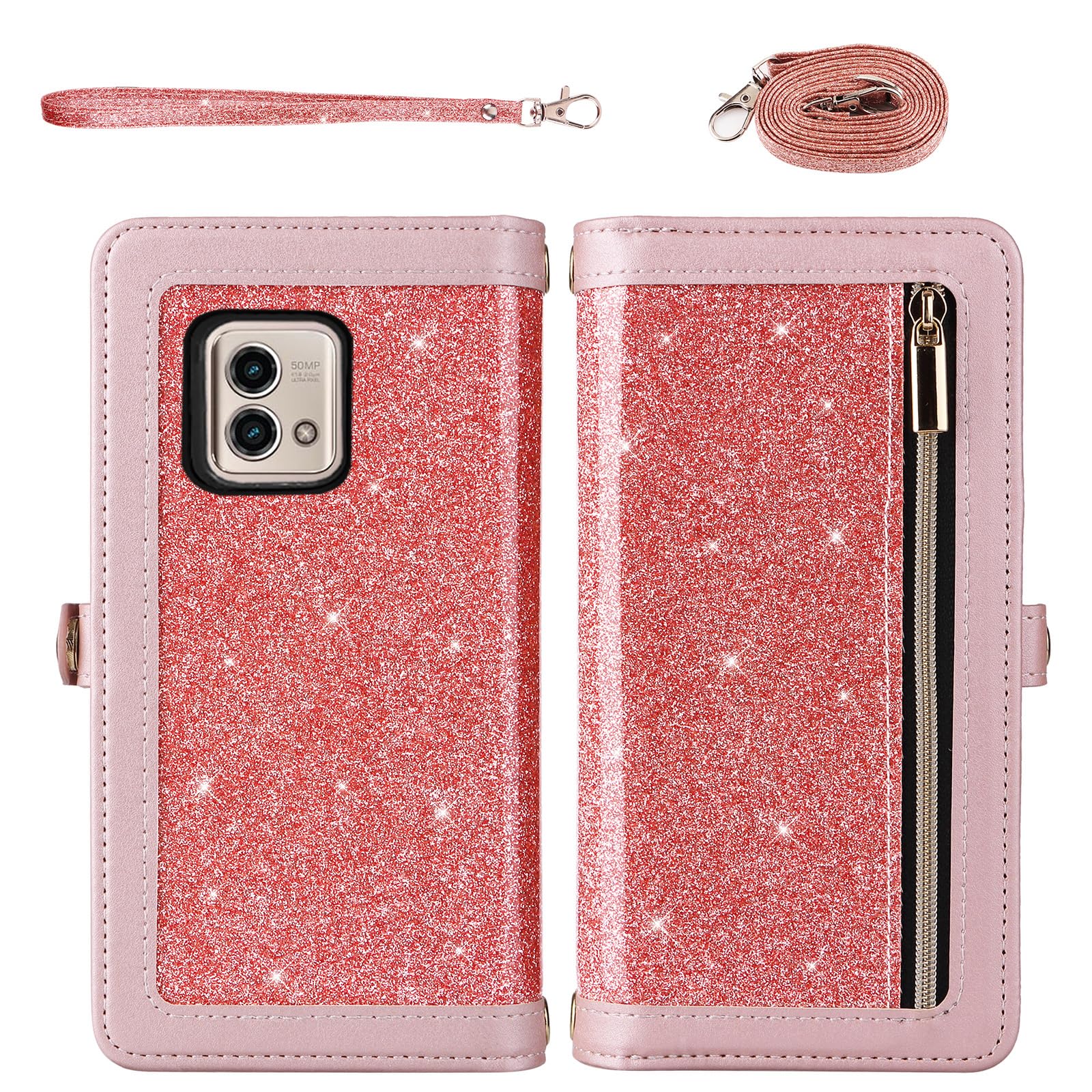 Asuwish Funda para Motorola Moto G Stylus 5G 2023 con cierre de cremallera y correa protectora de pantalla de vidrio templado, con purpurina brillante, tarjetero GStylus G5 XT2317DL XT2315-5 para