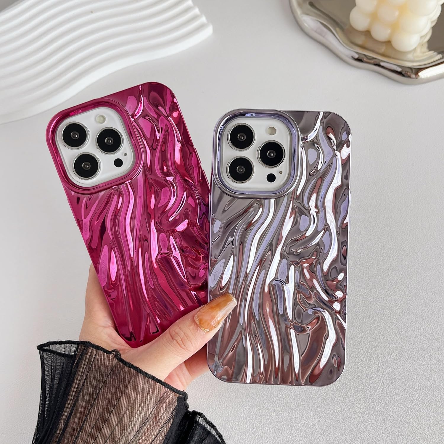 Caseative for iPhone 13 Pro Case,Pleated Water Ripple Chrome Wave Pattern Soft Phone Case (Gold) - Image 3