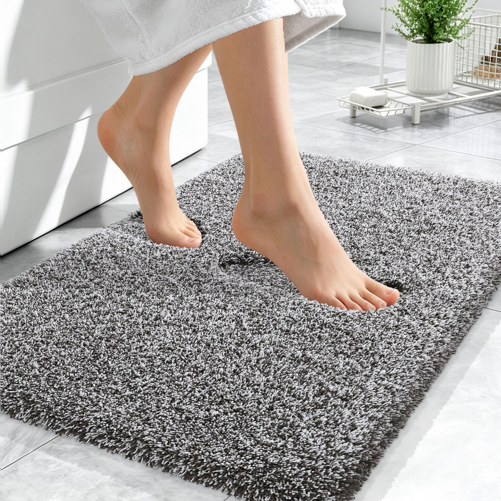 OLANLY Microfiber Bathroom Rugs 24x16, Quick Dry Mat, Dark Brown and White