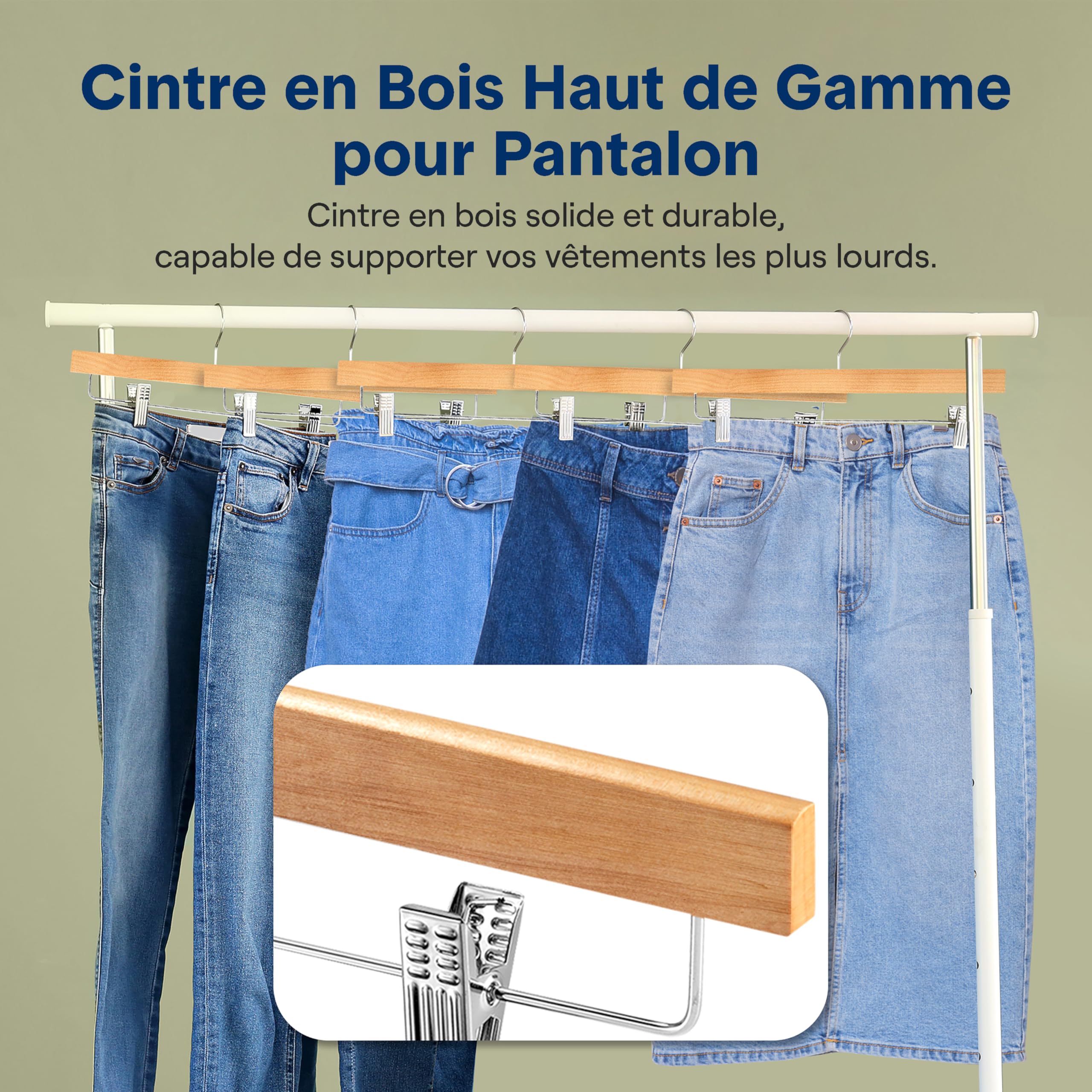 Serenelife Cintres en Bois avec Pinces - Cintres Pantalons, Jupes, Jeans, Uniformes - Crochets Pivotants 360°, Pinces Réglables, Finition Bois Naturel, Lot de 20