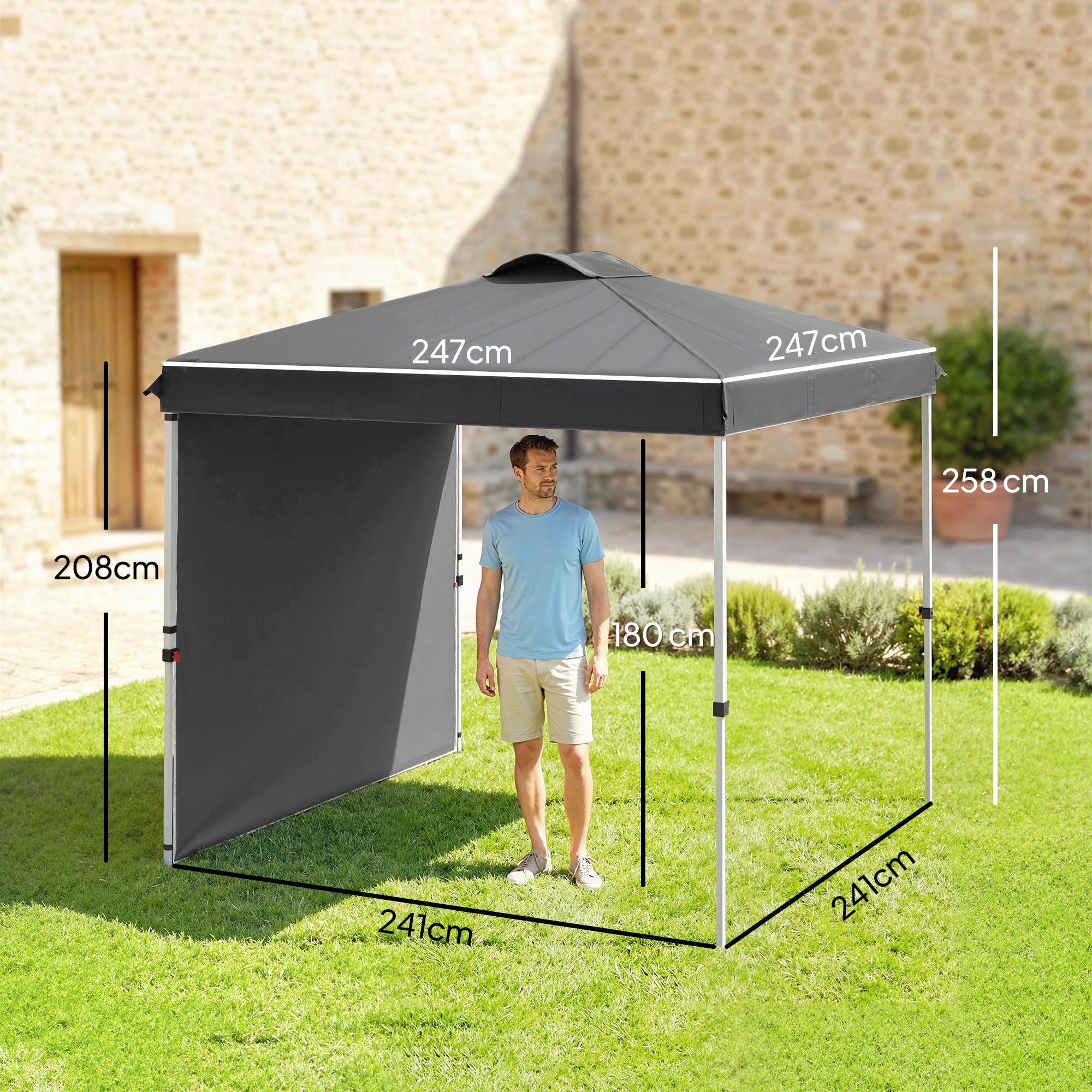 Outsunny Tenda pieghevole 2,5x2,5 m Gazebo da giardino con 1 parete laterale regolabile in altezza in 3 livelli Anti-UV impermeabile e sacchetto di sabbia Gazebo per campeggio all'aperto feste Grigio