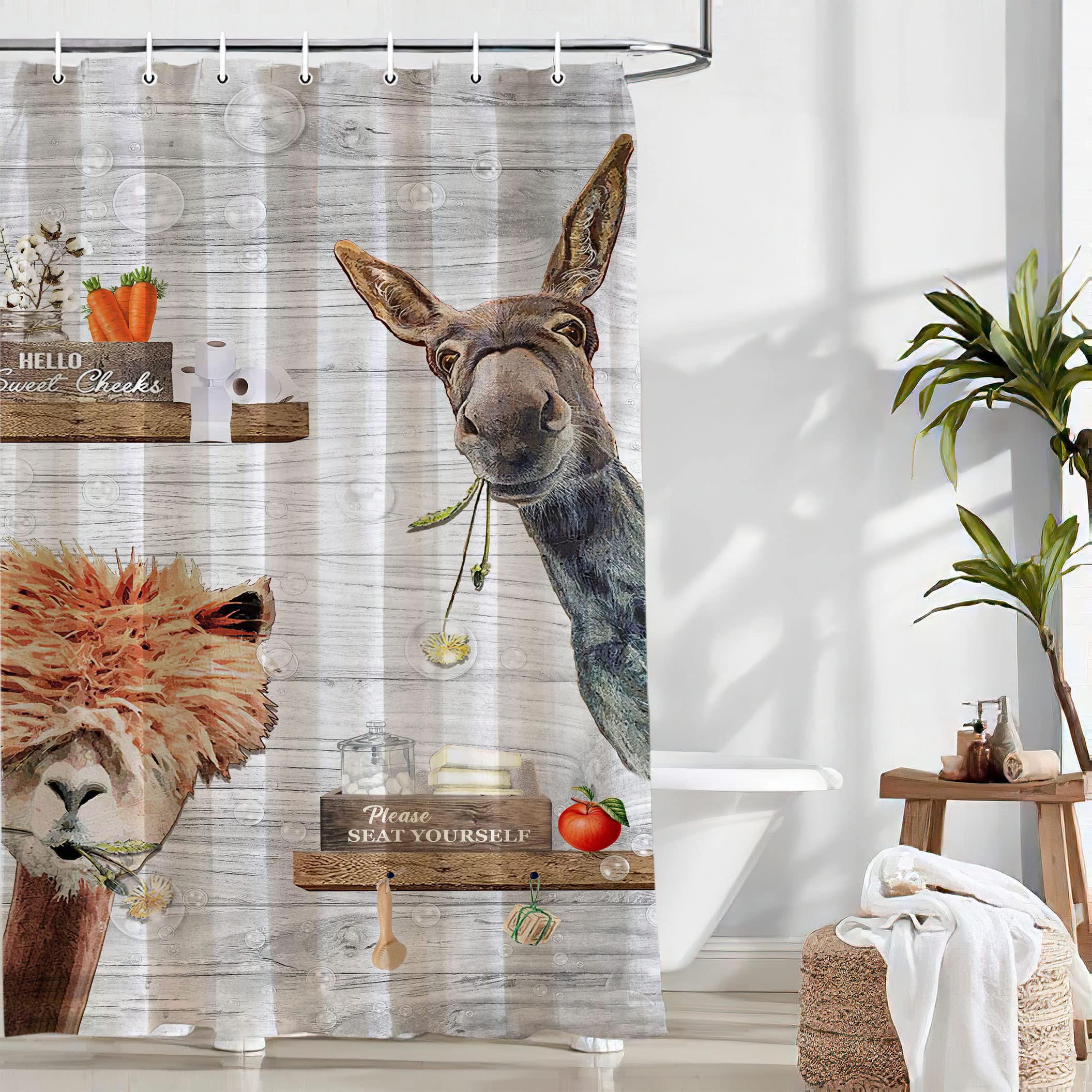 Funny Donkey Alpaca Shower Curtain Farmhouse Animals Bathroom Decor Shower Curtain Fabric Polyester Waterproof with Plastic Hooks 60" X 72"