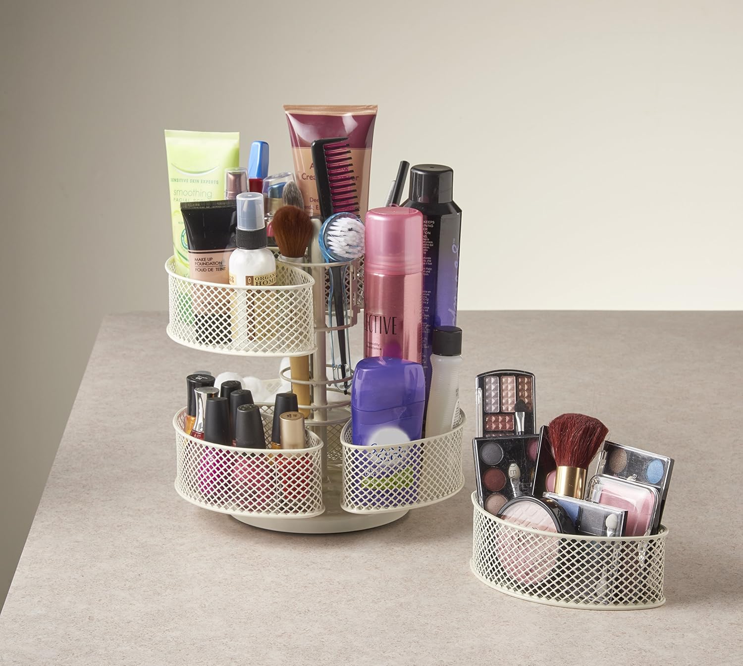 Nifty Organizing Carousel – Off-White Powder Coat Finish, Spins 360-Degrees, Cosmetic Bathroom or Bedroom Vanity Storage, Beauty Supplies Organizer, Lazy Susan Platform