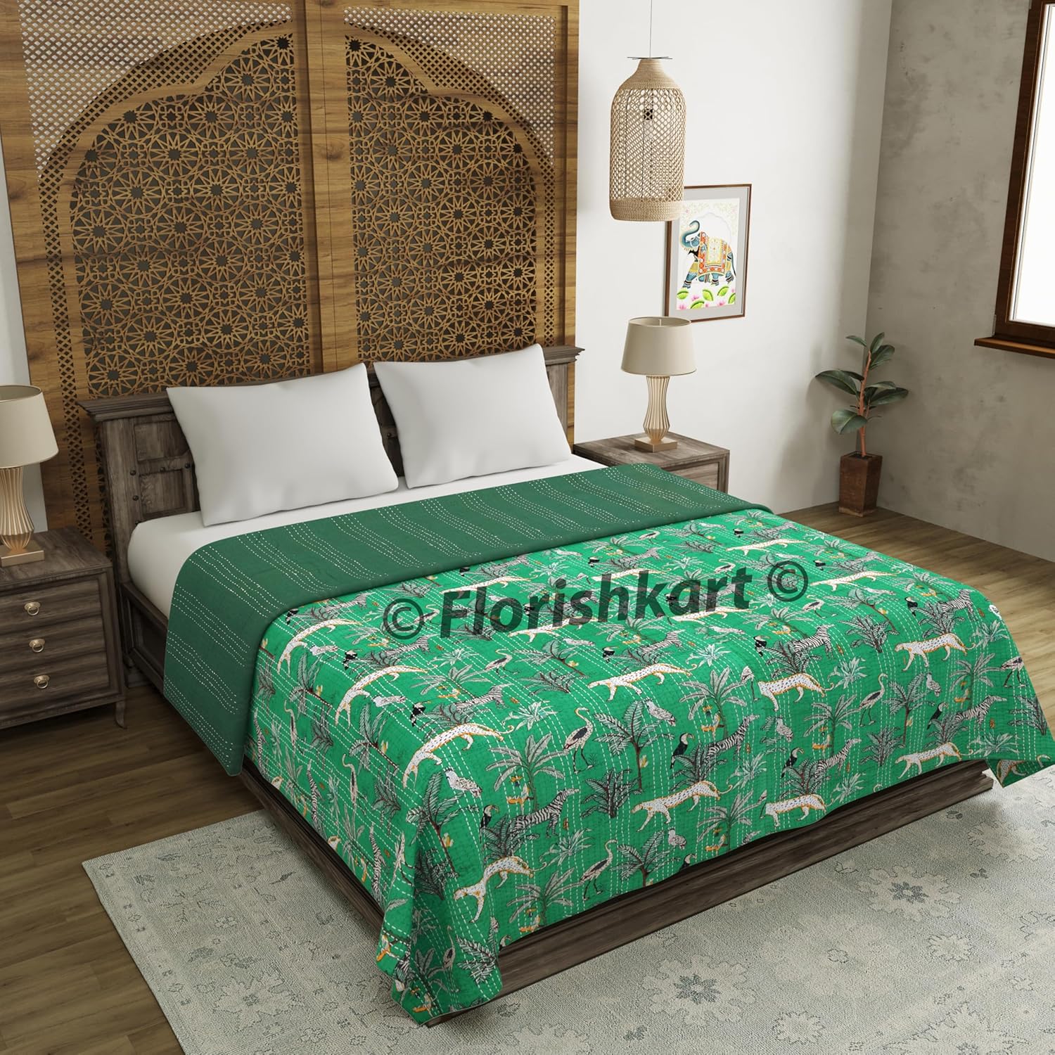 Kantha Quilt Cotton Jungle Print Throw Boho bedspreads Blanket Animal Printed Indian Handmade Quilts Size Kantha Quilt Queen Twin (Green, Twin (60X90 Inch))