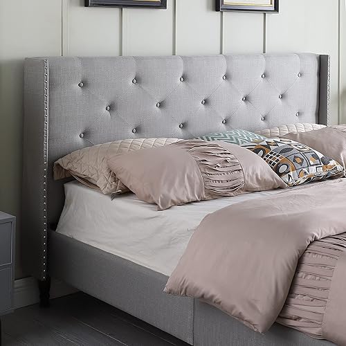 Miniatura 3 de Base de cama de plataforma tapizada Queen con cabecera de 45 pulgadas y base ajustable, cama de lino copetuda con botones, soporte de listones de