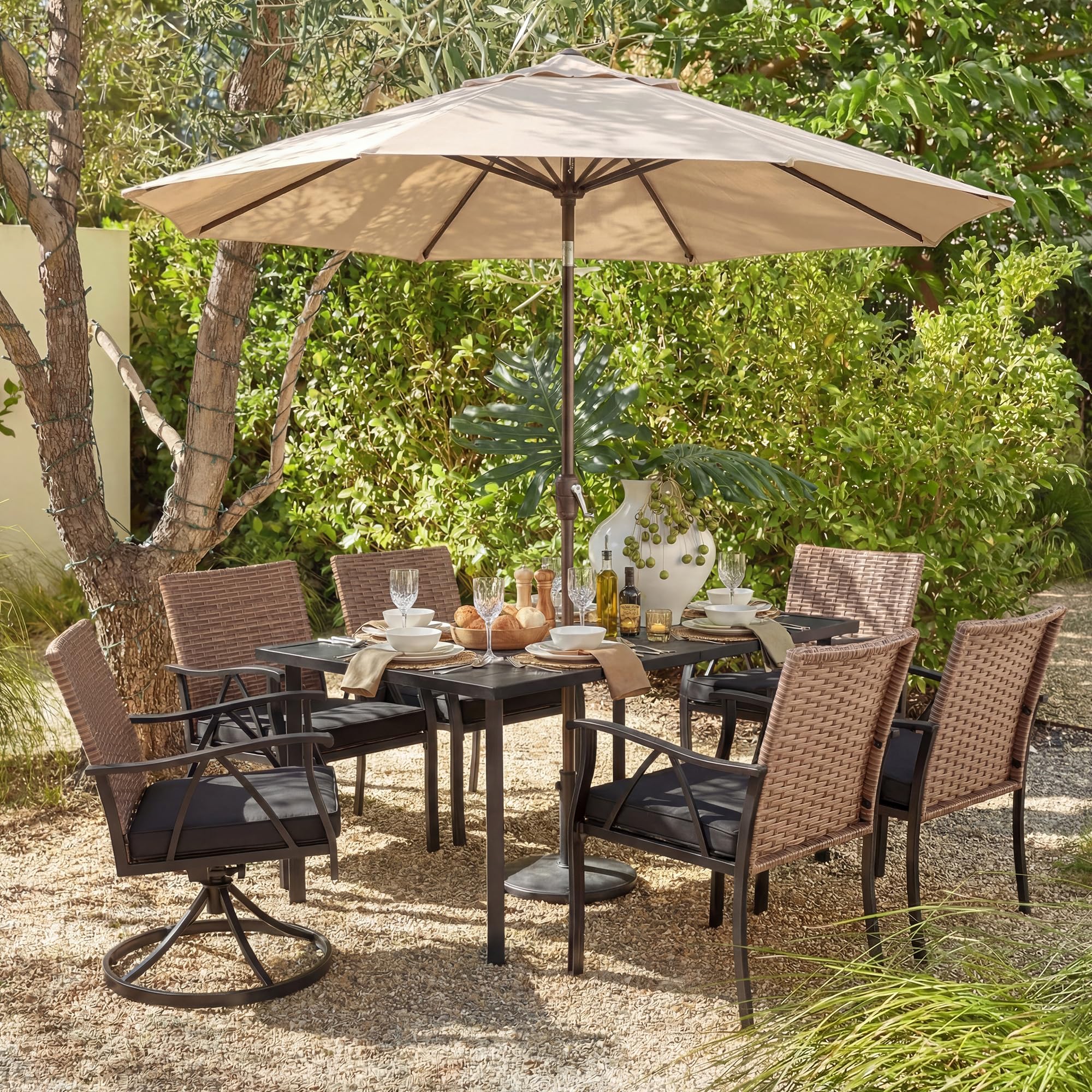 7-Piece Patio Dining Set for 6, Outdoor Dining Set with Wicker Swivel Patio Dining Chairs with Cushions &amp; Black Rectangular Woodgrain Dining Table with 1.75”Umbrella Hole, Black &amp; Brown