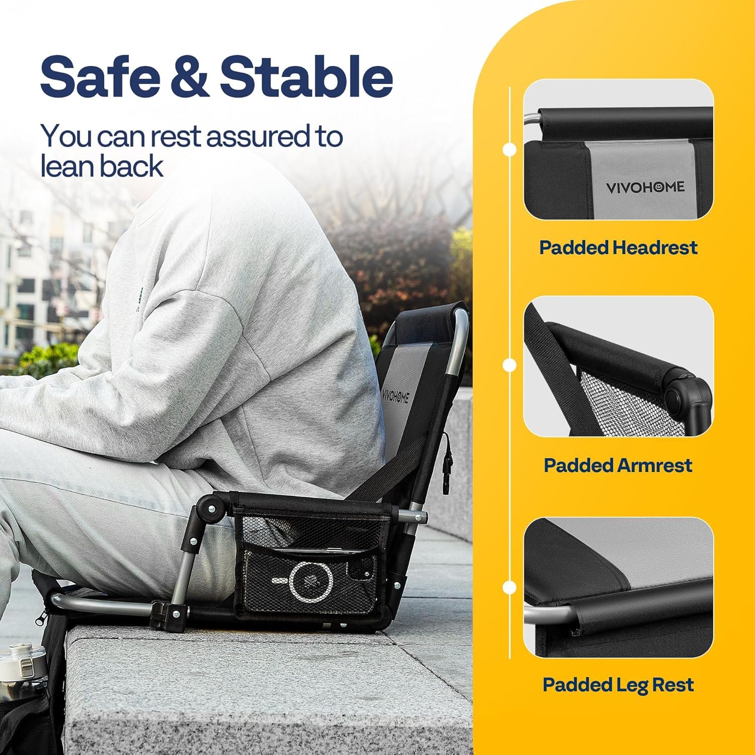 A VIVOHOME stadium seat highlighting its multiple storage bags, including cup holders, mesh pockets, and a zippered compartment.