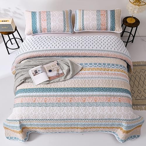 Miniatura 3 de WONGS BEDDING Juego de edredón bohemio tamaño matrimonial, juego de edredón bohemio amarillo de 3 piezas, juego de ropa de cama de verano ligero