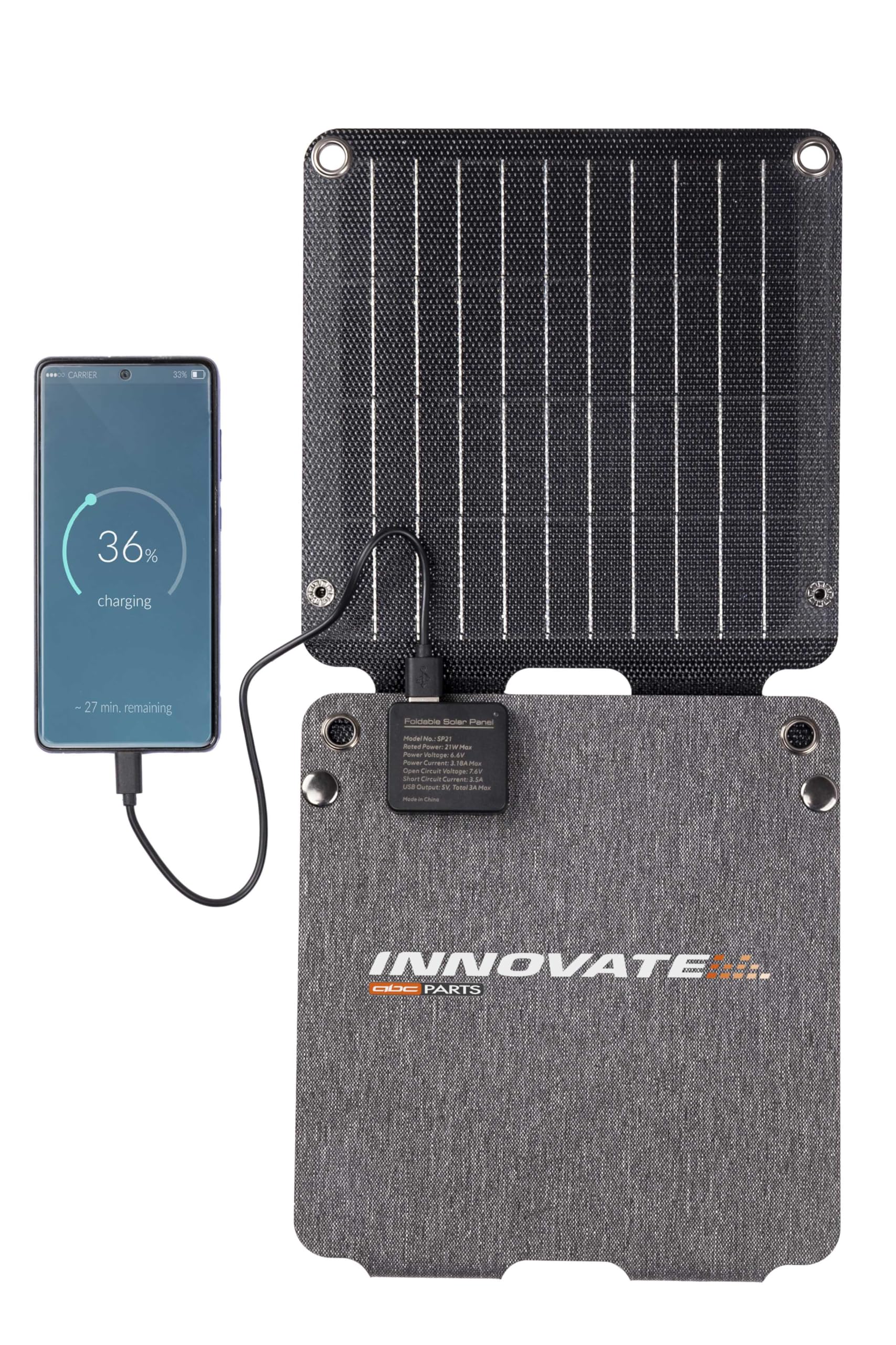 Innovate Panel Cargador Solar Portátil 21W 5V 3 Amp. Máx. con Conexión USB Tipo C-A. Placa Solar Plegable e Impermeable. Perfecto para Acampadas, Trekking, Senderismo, Playa, Montaña…
