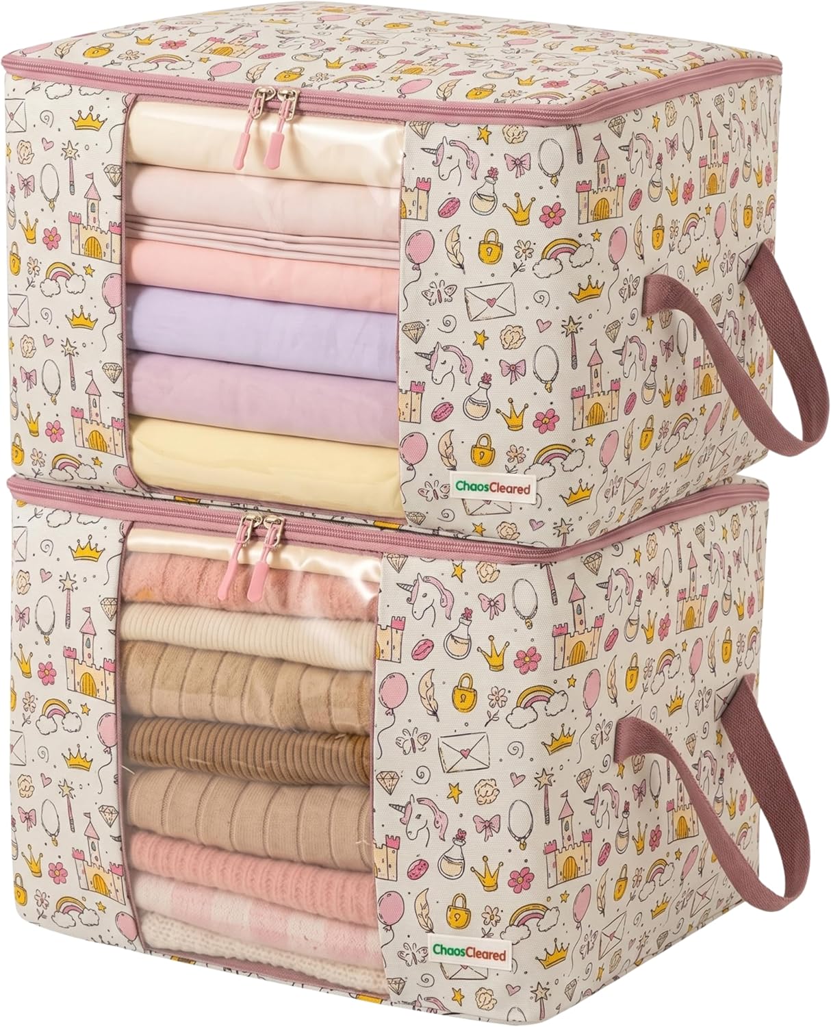 Chaos Cleared Kids Storage Bags – 100% Cotton Canvas Toy & Clothes Organizer with Cute Design – Storage Bin for Stuffed Animals, Baby Items & Clothes with Zipper & Handles (Unicorn Girl Print)