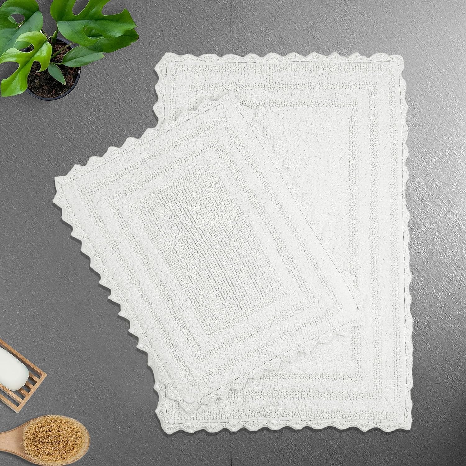 TreeWool 2-Piece Gorjeeus Collection Soft Reversible Bathroom Rug Cotton Bath Mat Set with Crochet Border - Rectangle (23"x36" / 19"x26"; White)