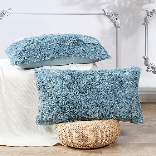 BYTIDE Juego de 2 fundas de almohada decorativas de piel sintética lanuda y esponjosa de 14 x 26 pulgadas funda de almohada rectangular de lujo