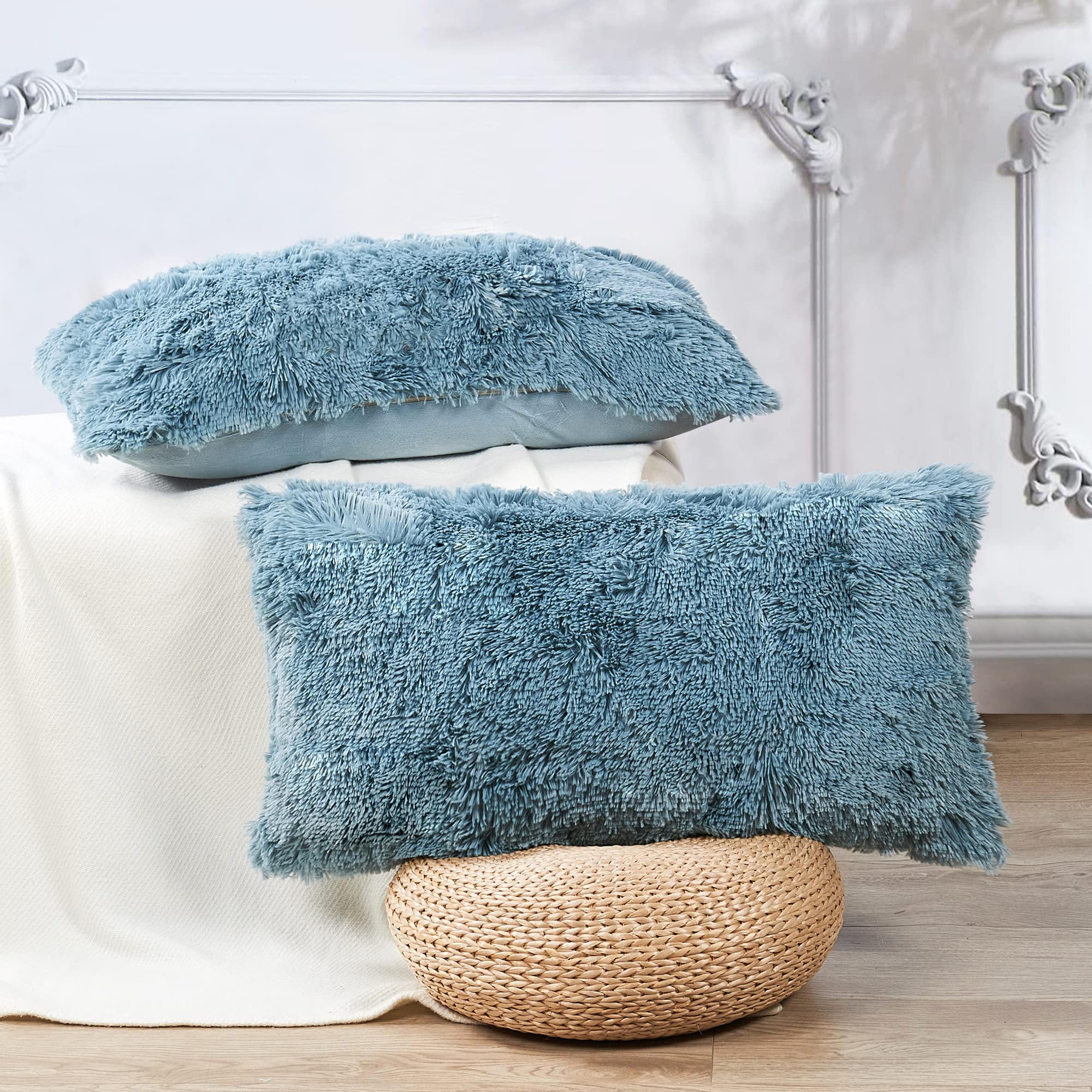 BYTIDE Shaggy Furry Fluffy Faux Fur Decorative Lumbar Throw Pillow Covers 14 x 26 Inches Set of 2, Plush Soft Luxury Rectangular Cushion Case