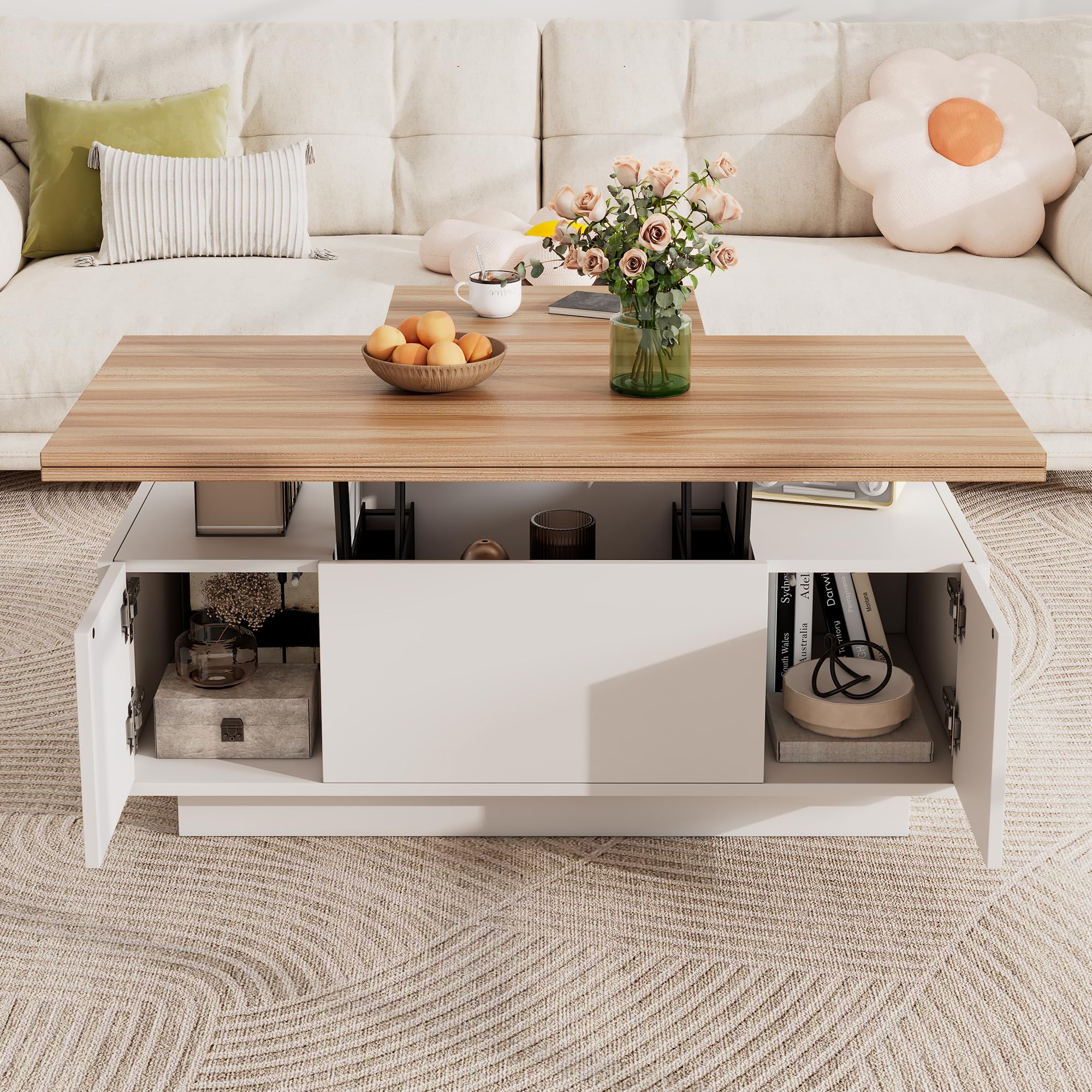 ModernLuxe Lift Top Coffee Table with Hidden Storage, Convertible Centre Table with 2 Lift-Up Tabletops, Storage Cabinets and Expandable Work Surface for Living Room, White & Natural Wood