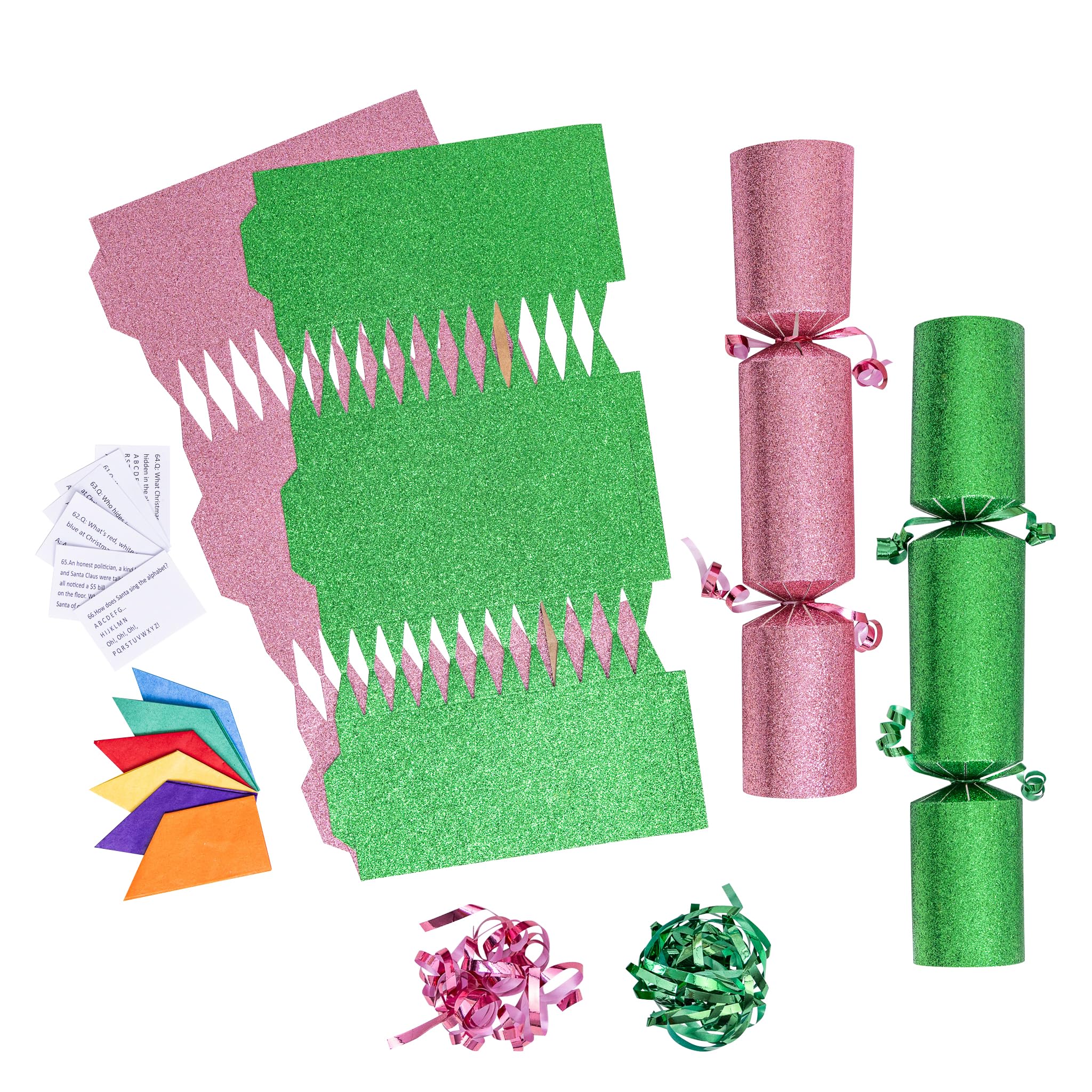 evelay 12 Make Your Own Christmas Cracker Kit DIY Green & Pink Glitter Crackers Hats Snaps Jokes (Green, Pink)