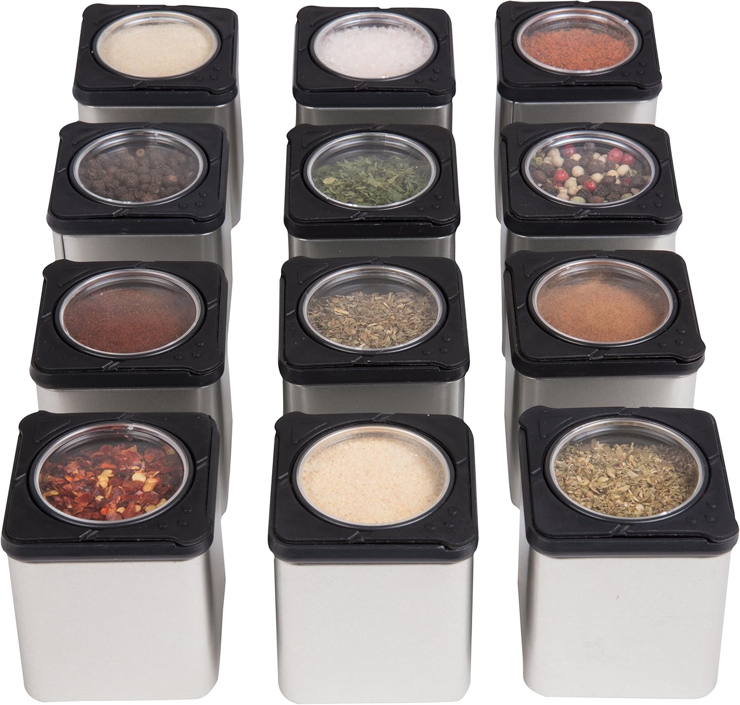 Magnetic Spice Jars - Tins Attach to Most Refrigerator Doors - Shake or Pour Containers (Set of 3 Dispensers)- Easy Open Window Top Shakers
