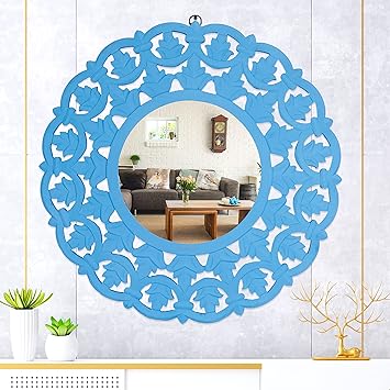 Timberly Wooden Wall Mirror Hanging With Wooden Wall Panel Handcrafted Round Decorative Mirror for Living Room, Bedroom, Bathroom (Cyan Blue, 24X24 Inch)