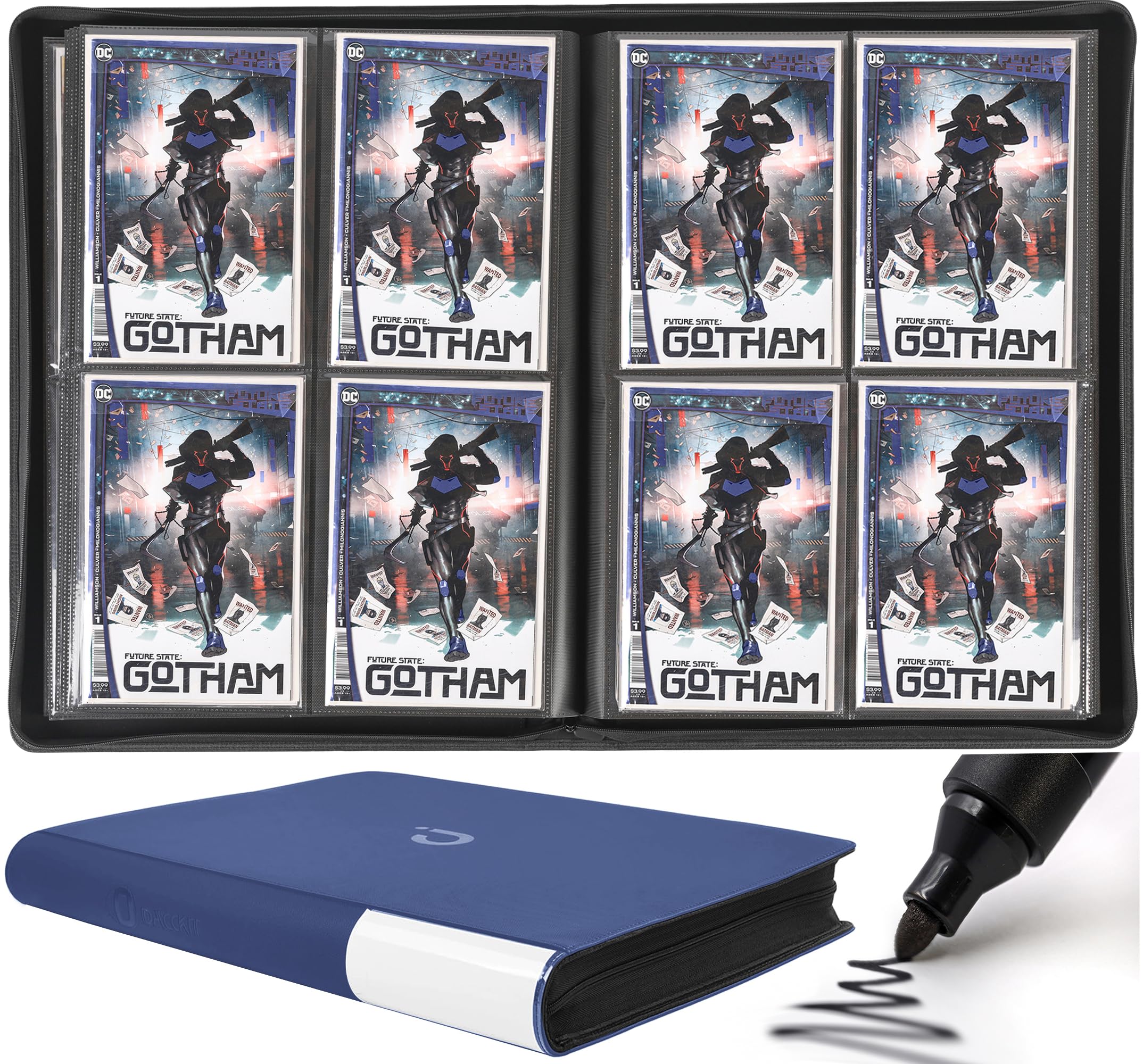 D DACCKIT Premium Comic Binder，Comic Book Album with Sleeves Fits Regular Comics and Comic Bagged and Boarded - Comic Storage Binder Holds 96 Comic Books（Model C，Classic Navy Blue）