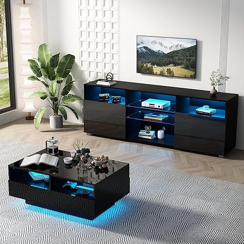 Miniatura 3 de SUSSURRO Soporte de TV LED para TV de 6065 pulgadas centro de mesa de televisión con cajón y luces LED centro de entretenimiento moderno de alto