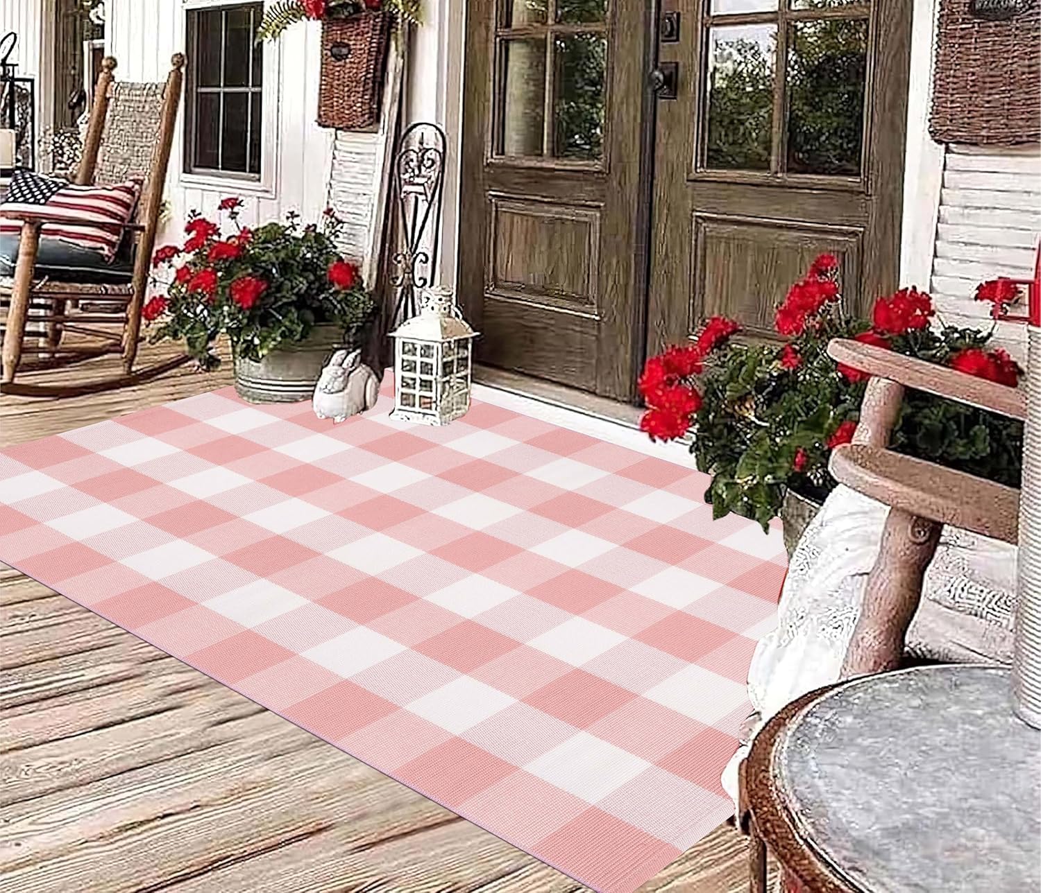 Pink and White Buffalo Plaid Rug 3'x5'Checkered Outdoor Rug Farmhouse Front Porch Rug Machine Washable Front Door Mat Outdoor for Hello Welcome Mat,Bedroom,Entryway,Patio