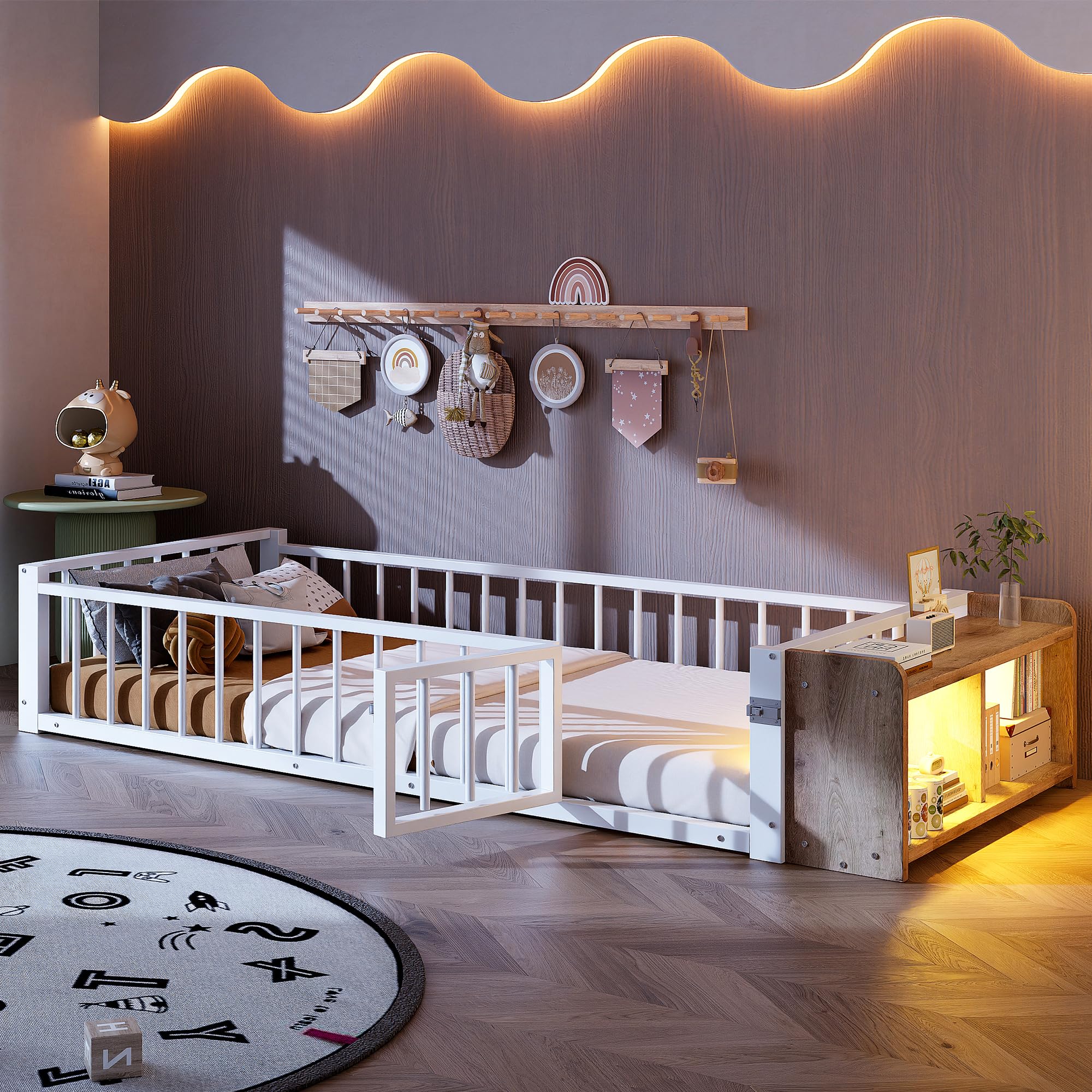 Cama de suelo 90 x 200 blanca con luces LED para dormitorios infantiles modernos