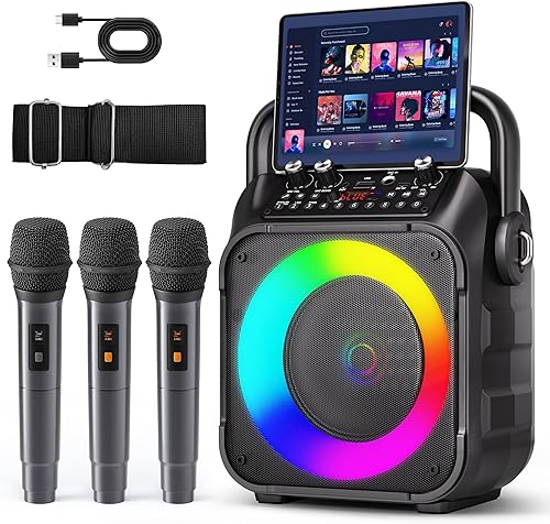 Miniatura 10 de Máquina de karaoke, altavoz Bluetooth portátil con 2 micrófonos inalámbricos para adultos y niños con luces, micrófono de karaoke con sistema PA