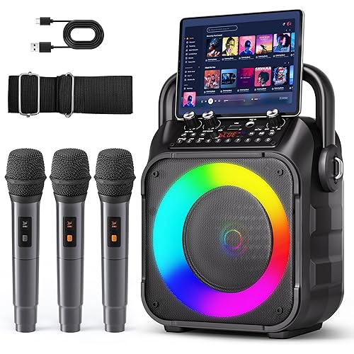 Karaoke Machine, Portable Bluetooth Speaker with 3 Wireless Microphones for Adults & Kids with Lights, Karaoke Microphone with PA System Supports USB/TF/FM/AUX for Home Party Home System Packages