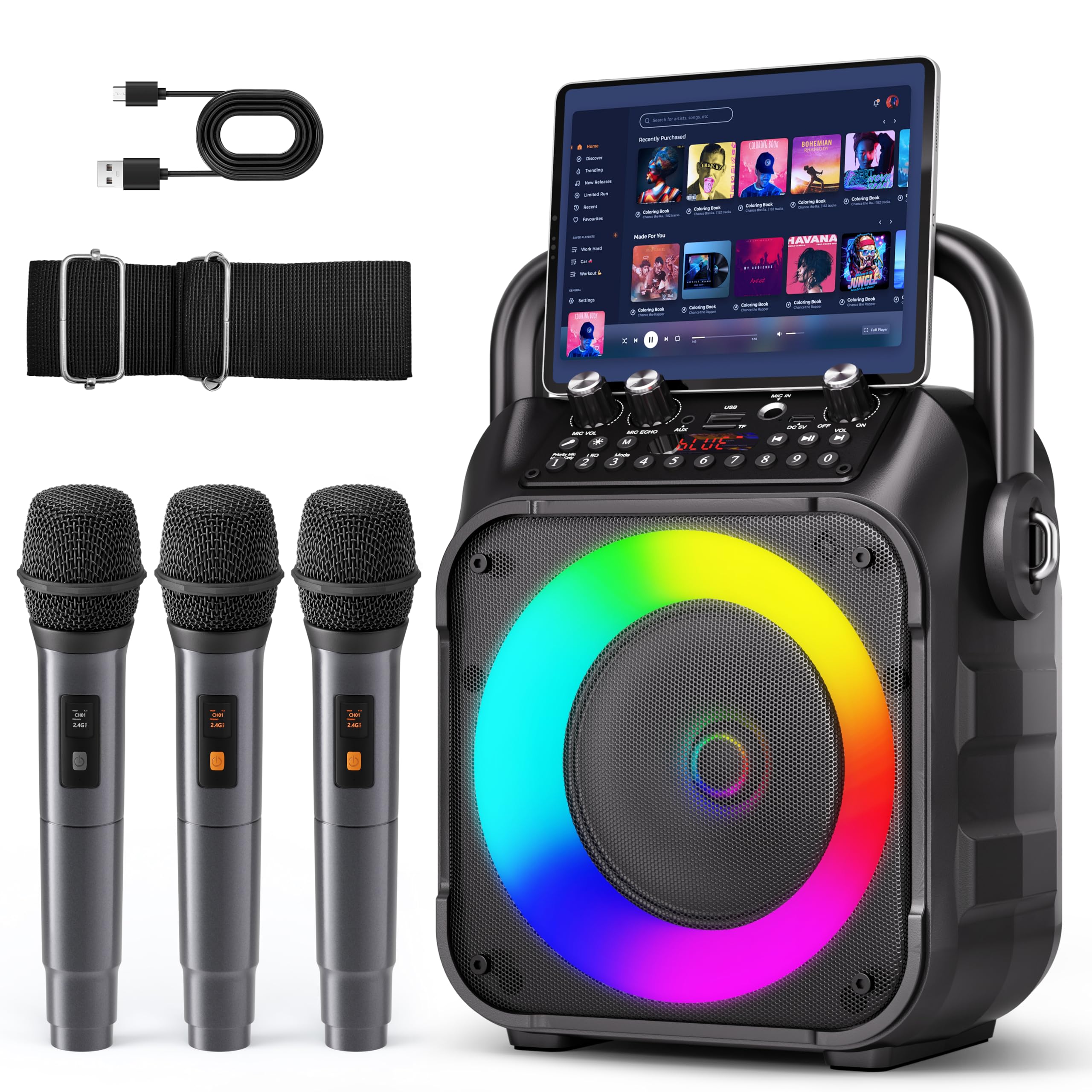 Photo 1 of Karaoke Machine, Portable Bluetooth Speaker with 3 Wireless Microphones for Adults & Kids with Lights, Karaoke Microphone with PA System Supports USB/TF/FM/AUX for Home Party Home System Packages