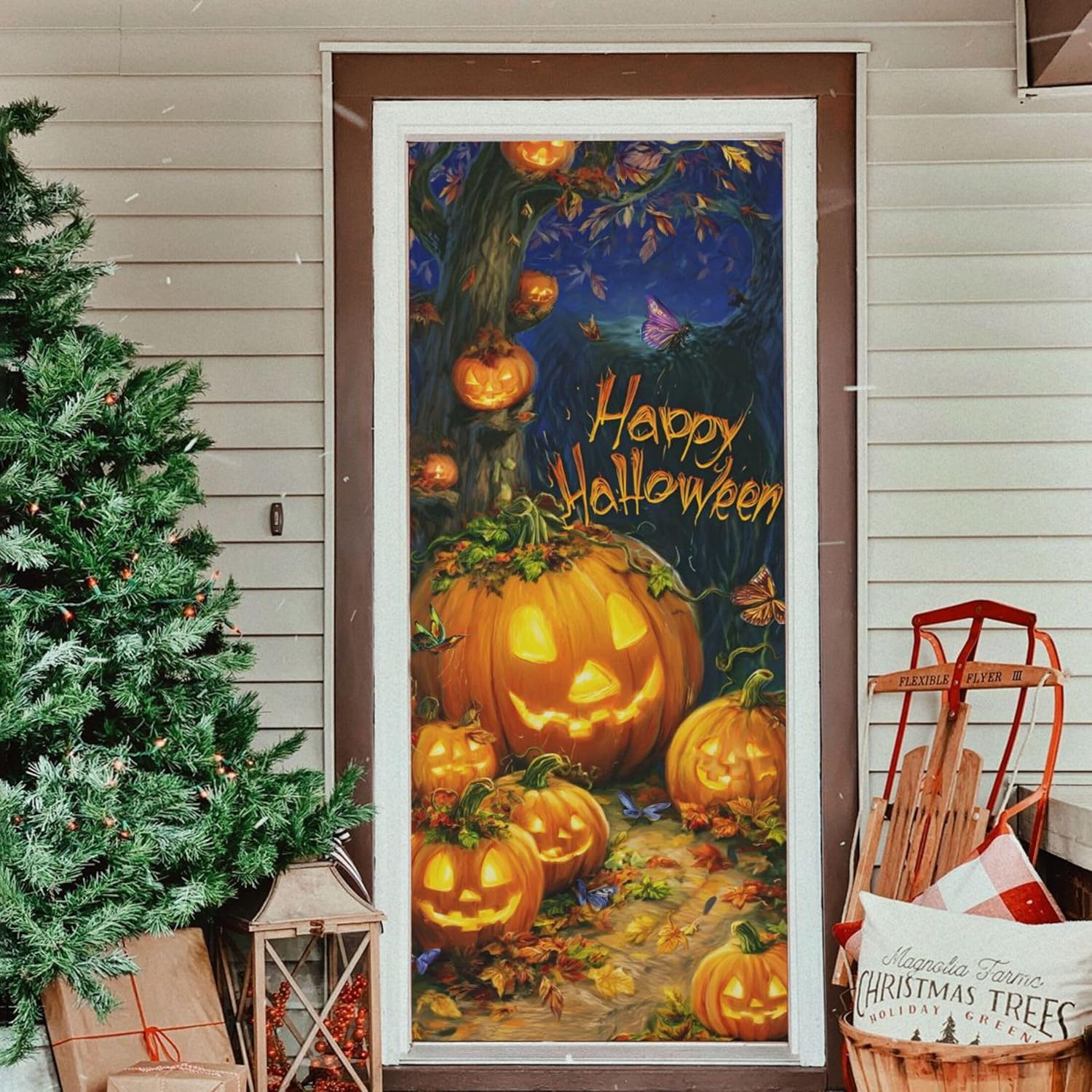 Burbuja Happy Halloween Door Cover, Stretch Fabric Backdrop Door Porch Covers for Home Party Holidays Decoration, 35x79 in