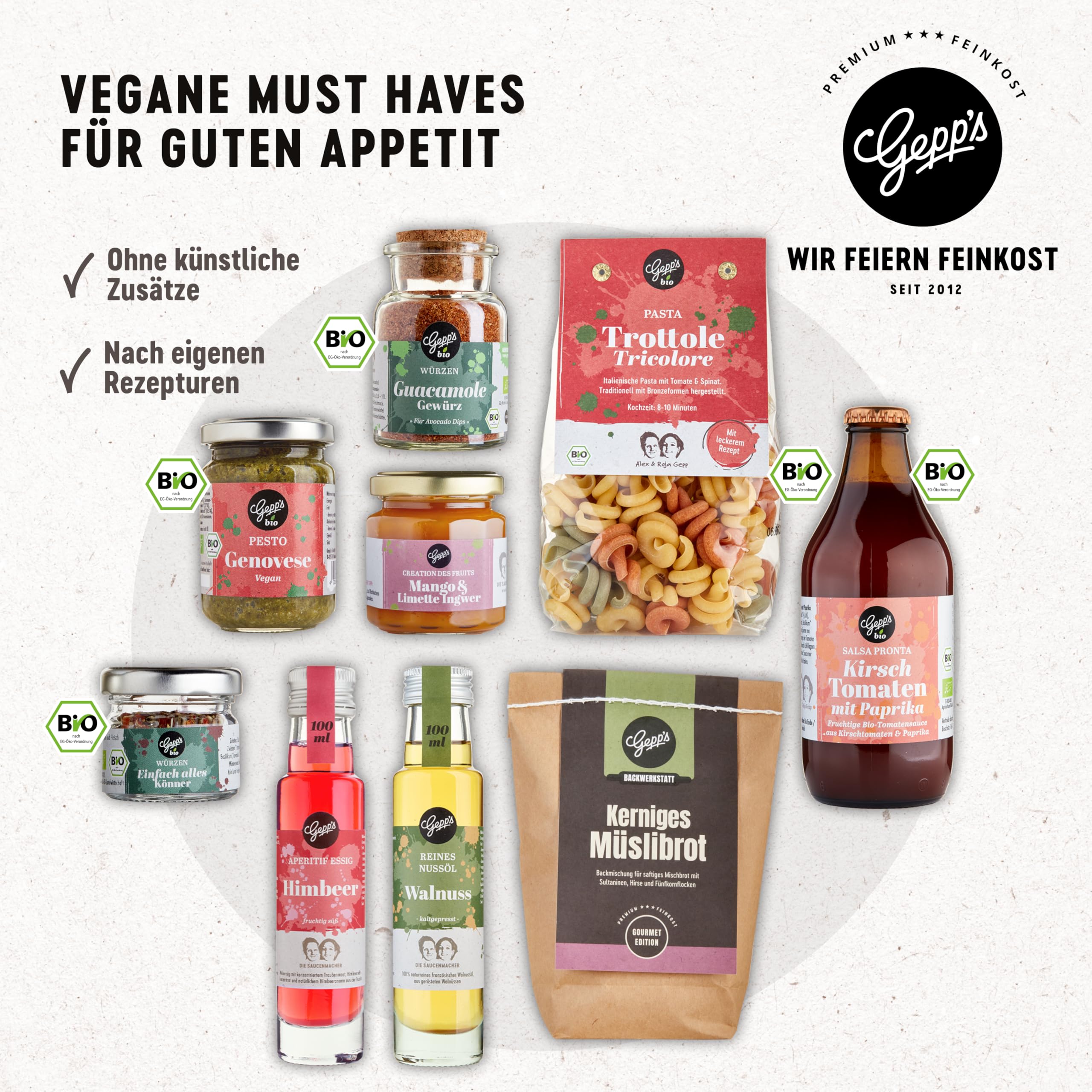Gepp’s Feinkost Vegan Must-Have Köstliche Variationen an veganen Delikatessen Pasta Bio Pesto Gewürzmischungen Nussöl Aperitif-Essig Fruchtaufstrich