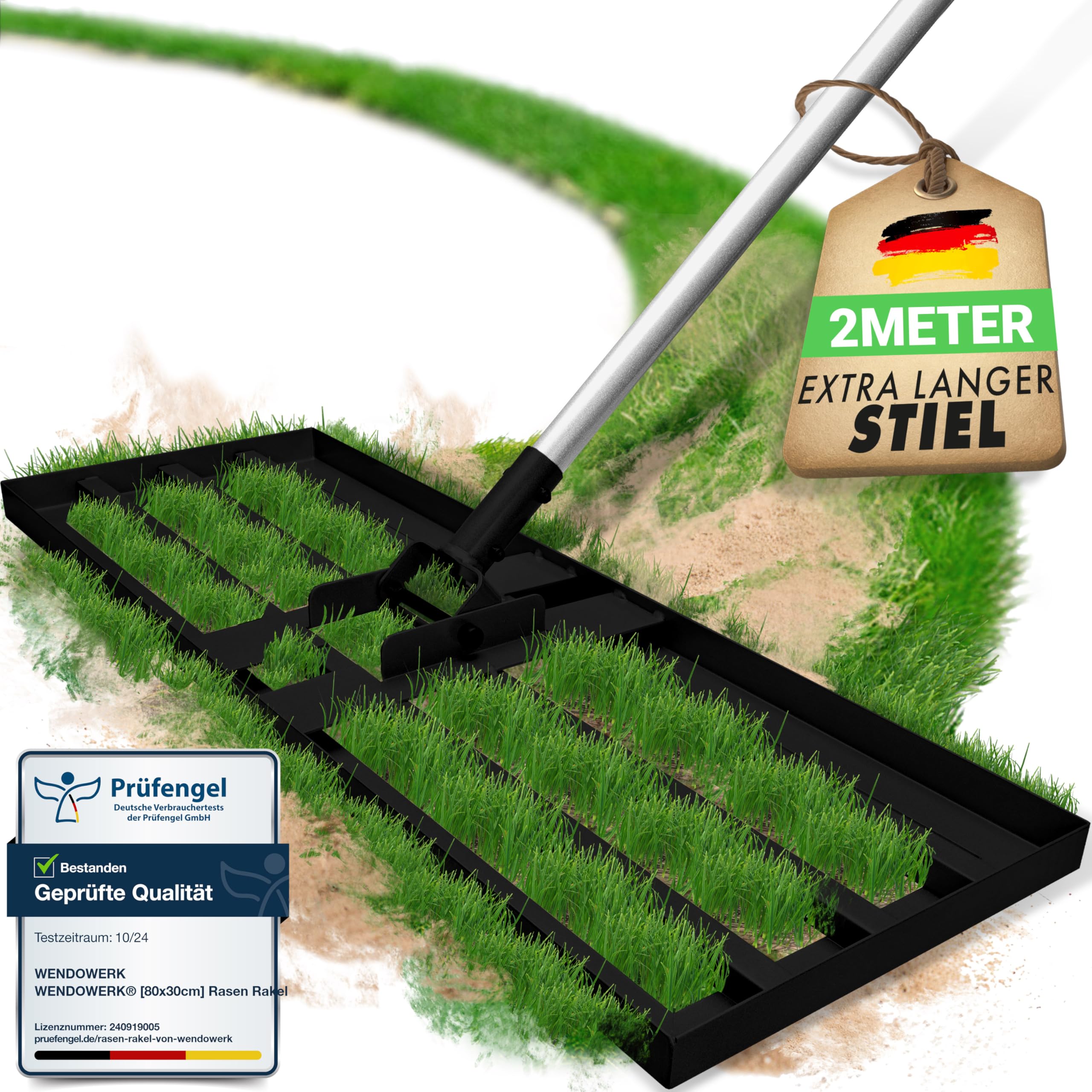 WENDOWERK® [80x30cm] Rasennevilierrechen Schwarz mit extra langem Stiel [2 Meter] Inkl. Gartenhandschuhe - Handlicher Rasen Nivellierrechen mit abgerundeten Kanten & Stecksystem - Rakel für Rasen