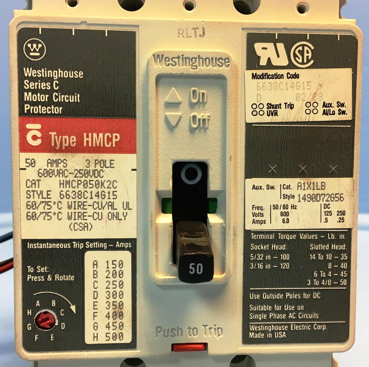 Westinghouse HMCP050K2C 6630C87G15 3 Pole 50A Motor Protector Circuit Breaker