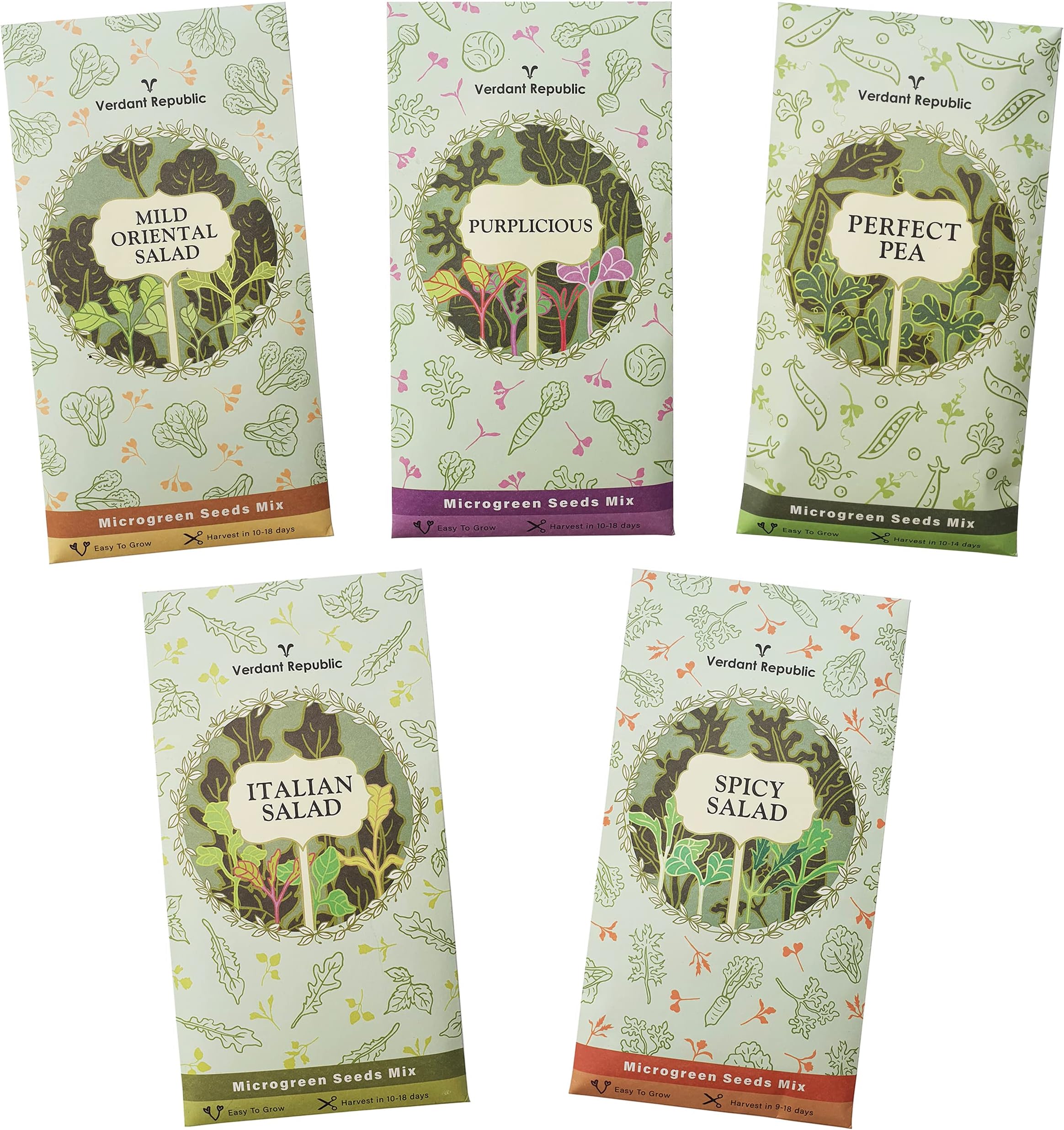 Microgreens Salad Seeds Mix | Green Collection- 5 Seeds Mix Packs | High Germination & Easy to Sprout | Over 16 Vegetable & Herbs incl Pea, Broccoli, Red Cabbage