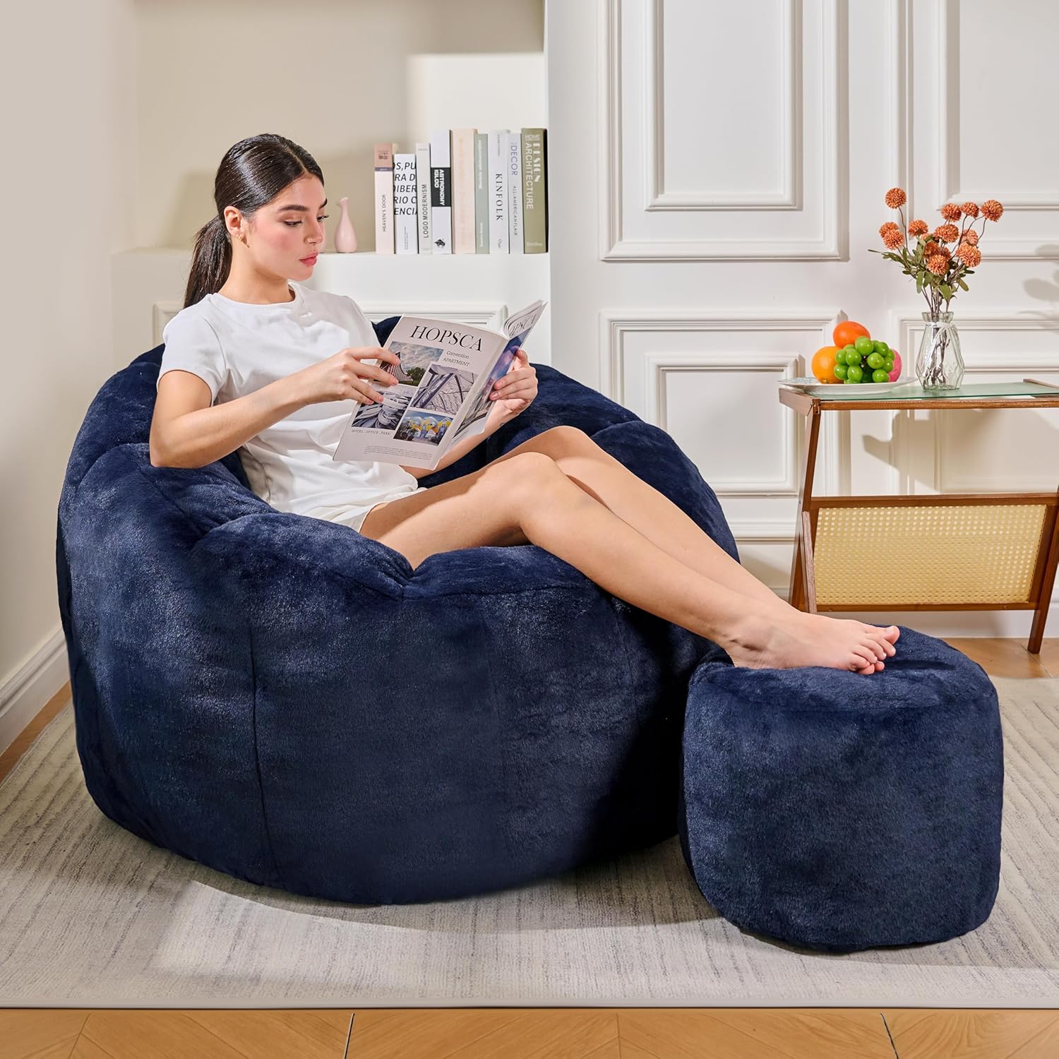 Bean Bag Chair, Bean Bag Chair with Ottoman, Stuffed Bean Bag Chairs with Filler, Big Beanbag Chairs with Filling for Living Room (Faux Fur in Dark Blue, 40.6" D×41.4" W×27.6" H)