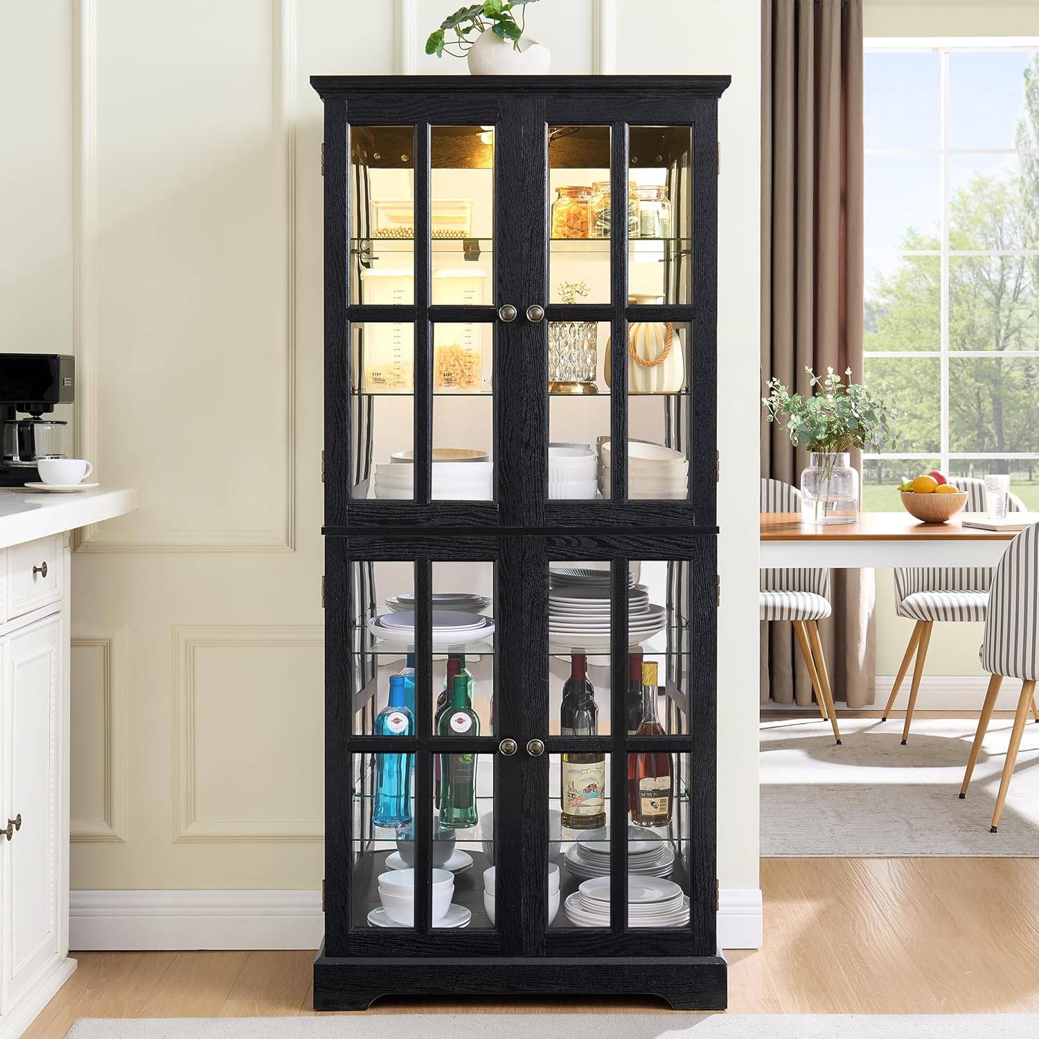 KEIKI Glass Display Cabinet with Adjustable Shelves, Antique Curio Storage Cabinet with Tempered Glass Doors, Four Door Design, Vintage Showcase with E26 Bulb Included, Black