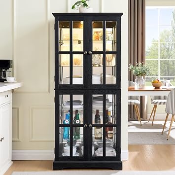 KEIKI Glass Display Cabinet with Adjustable Shelves, Antique Curio Storage Cabinet with Tempered Glass Doors, Four Door Design, Vintage Showcase with E26 Bulb Included, Black