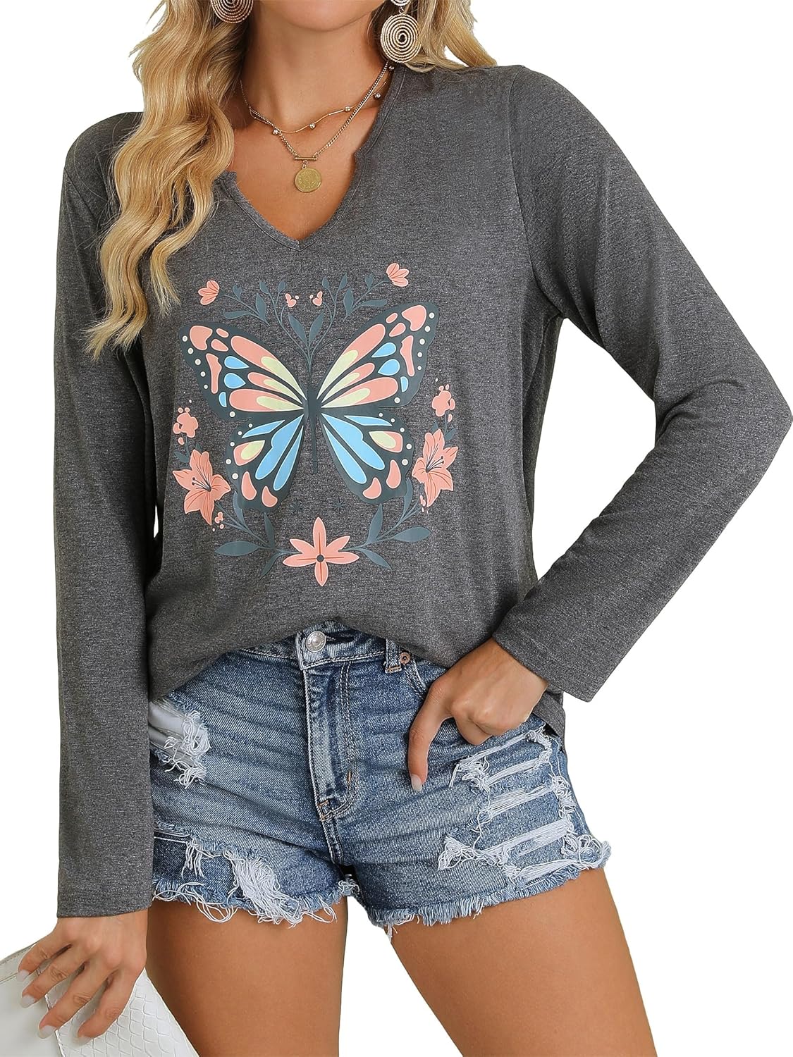 Womens Vintage Floral V Neck Shirts Boho Wildflowers Graphic Long Sleeve T-Shirts Cute Loose Casual Tee Tops - Image 7