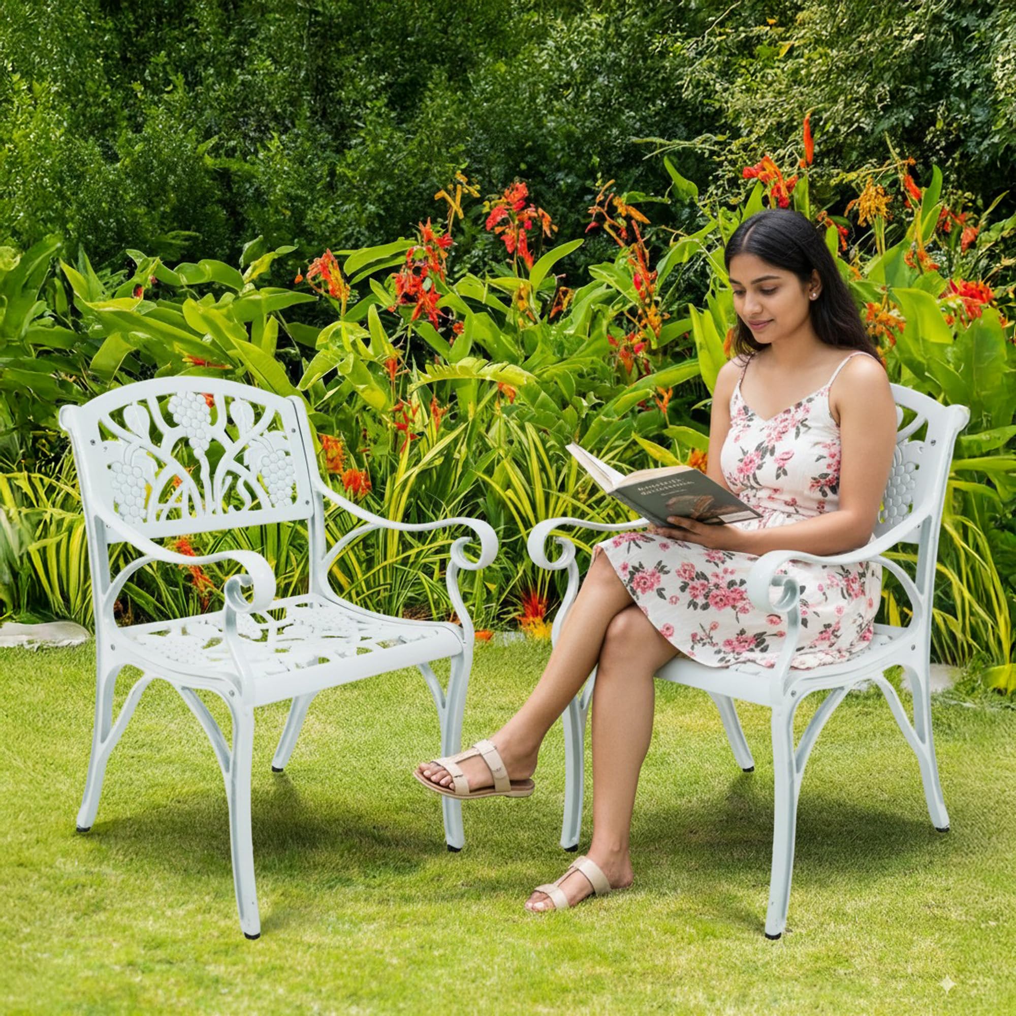 DEVOKO Outdoor Cast Aluminum 2 Chairs Patio Bistro Set, UV & Water-Resistant Furniture for Garden, Deck, Lawn, Poolside & Terrace (White)