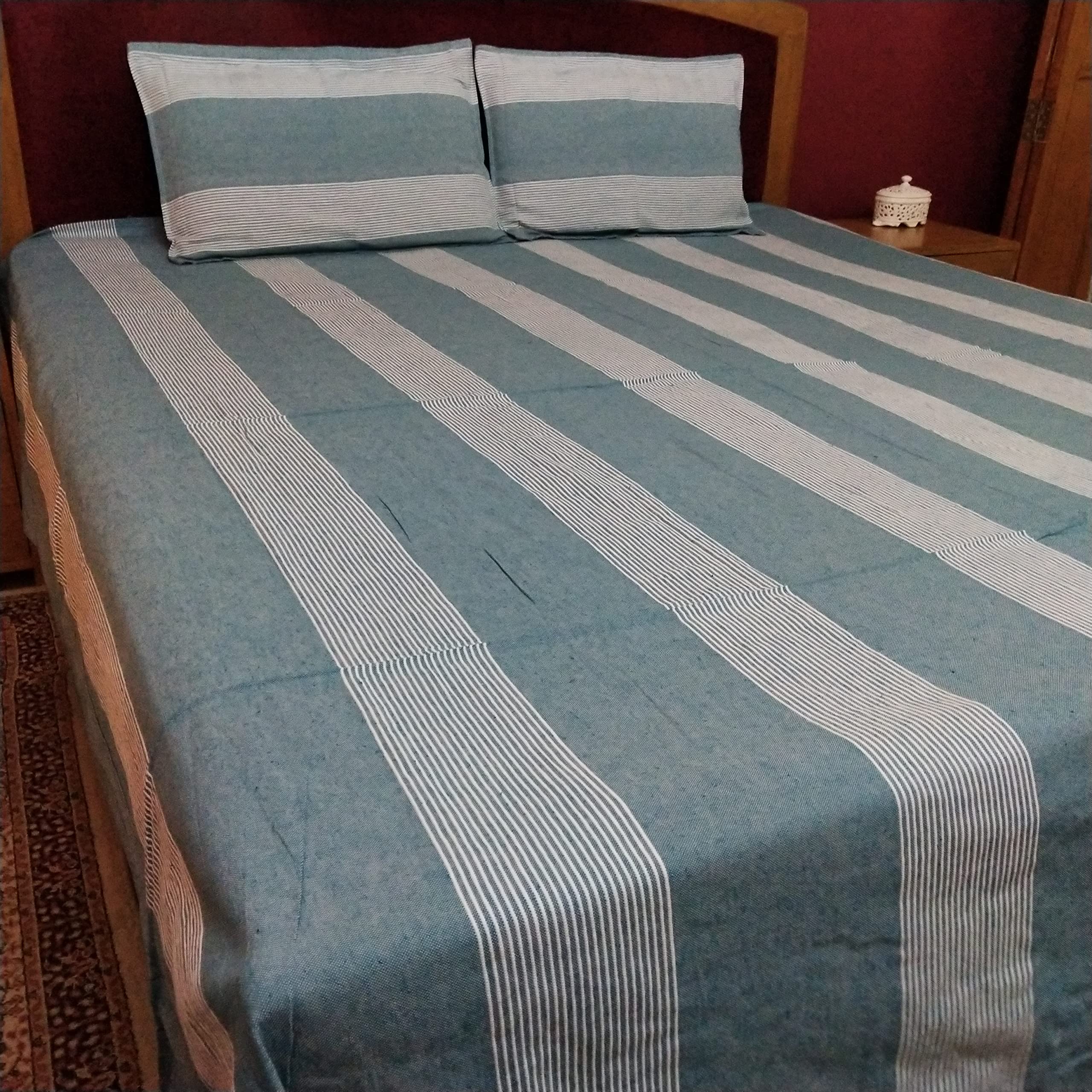 Cotton Double Bed Cover with 2 Pillow Covers/L X W - 100" x 90" / Sage Green with White Stripes/Handloom Weave-image-22