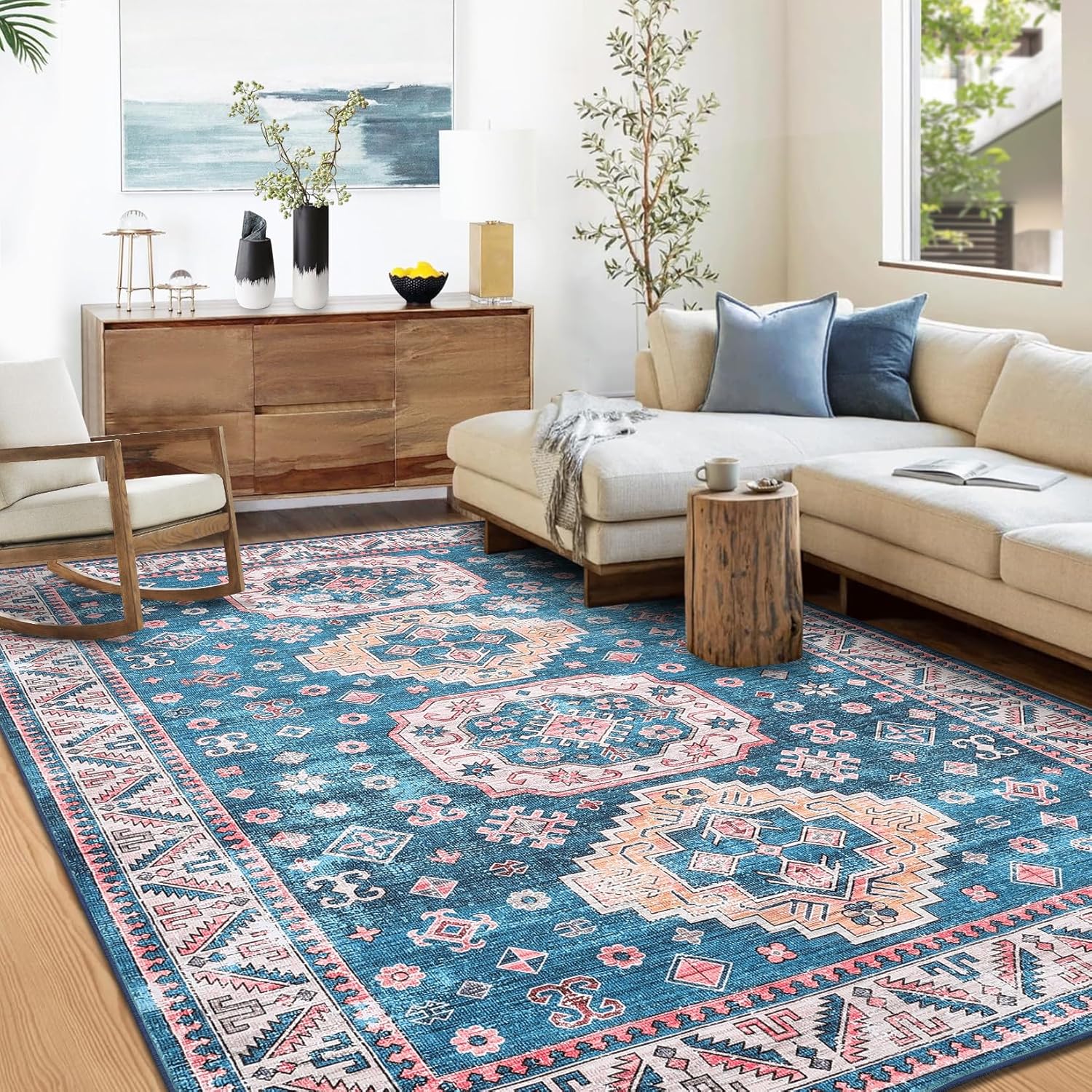 Zacoo 4x6 Rug for Living Room Floral Throw Rugs with Rubber