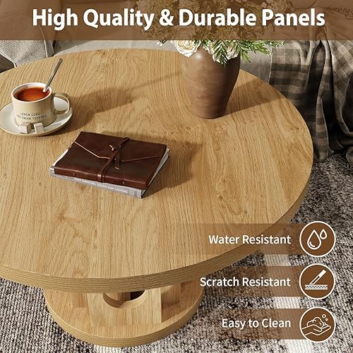 Vista 3 de Mesa de centro redonda de 31.5 pulgadas, pequeño círculo de madera central, panel de orificios, diseño de empalme, mesas de centro para sala