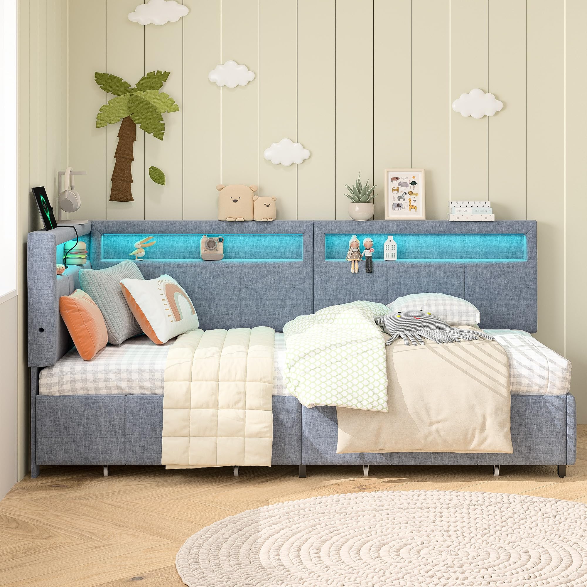 Letto angolare imbottito 90x200 cm con illuminazione a LED e USB-C, divano letto a L con 2 cassetti e ripiano contenitore, letto funzionale con base a doghe