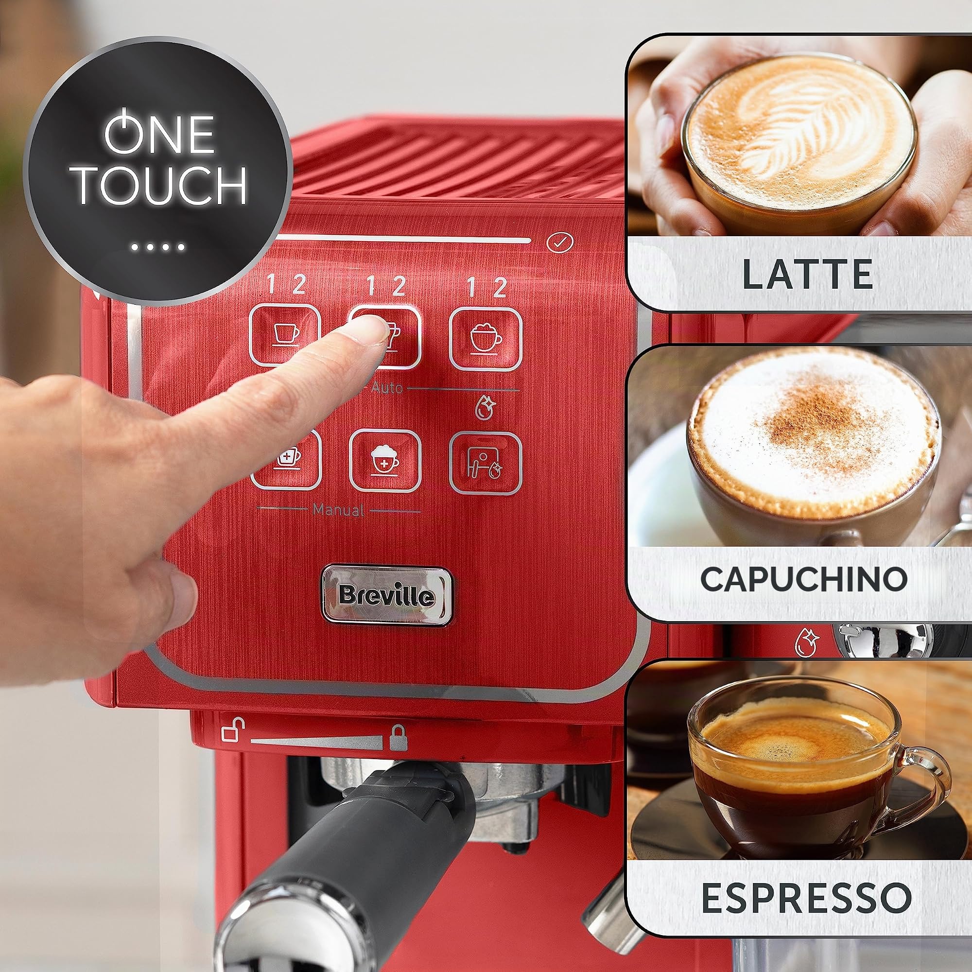 Breville Cafetera Espresso Prima Latte III | Cafetera expreso, capuchino y café con leche | Bomba italiana 19 bares | Espumador de leche automático | Compatible con monodosis ESE pod | Roja