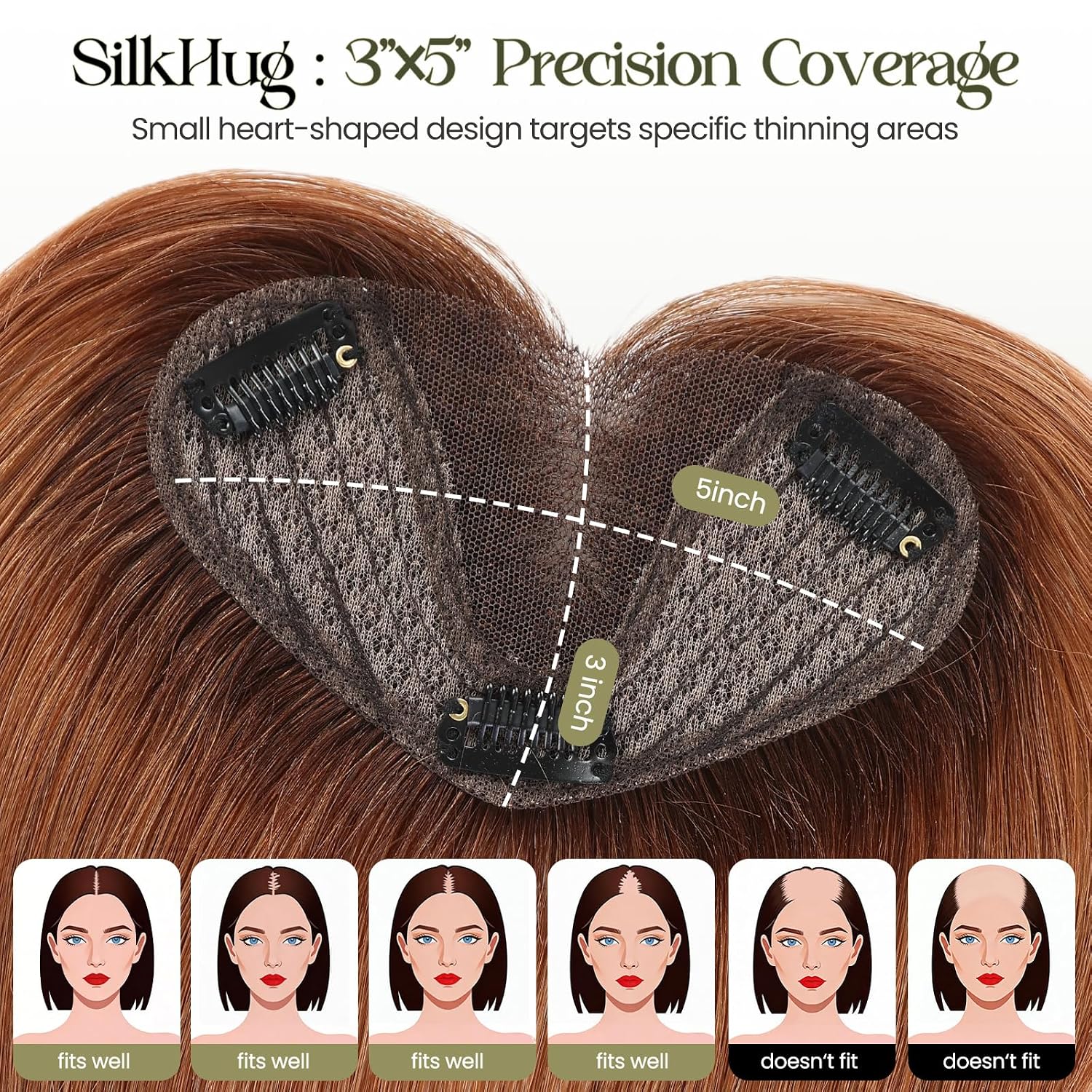 Human Hair Toppers for Women 8 Inch Real Human Hair Topper with Curtain Bangs,5"x3" Upgrade SilkHug Swiss Base（Ginger 30#）
