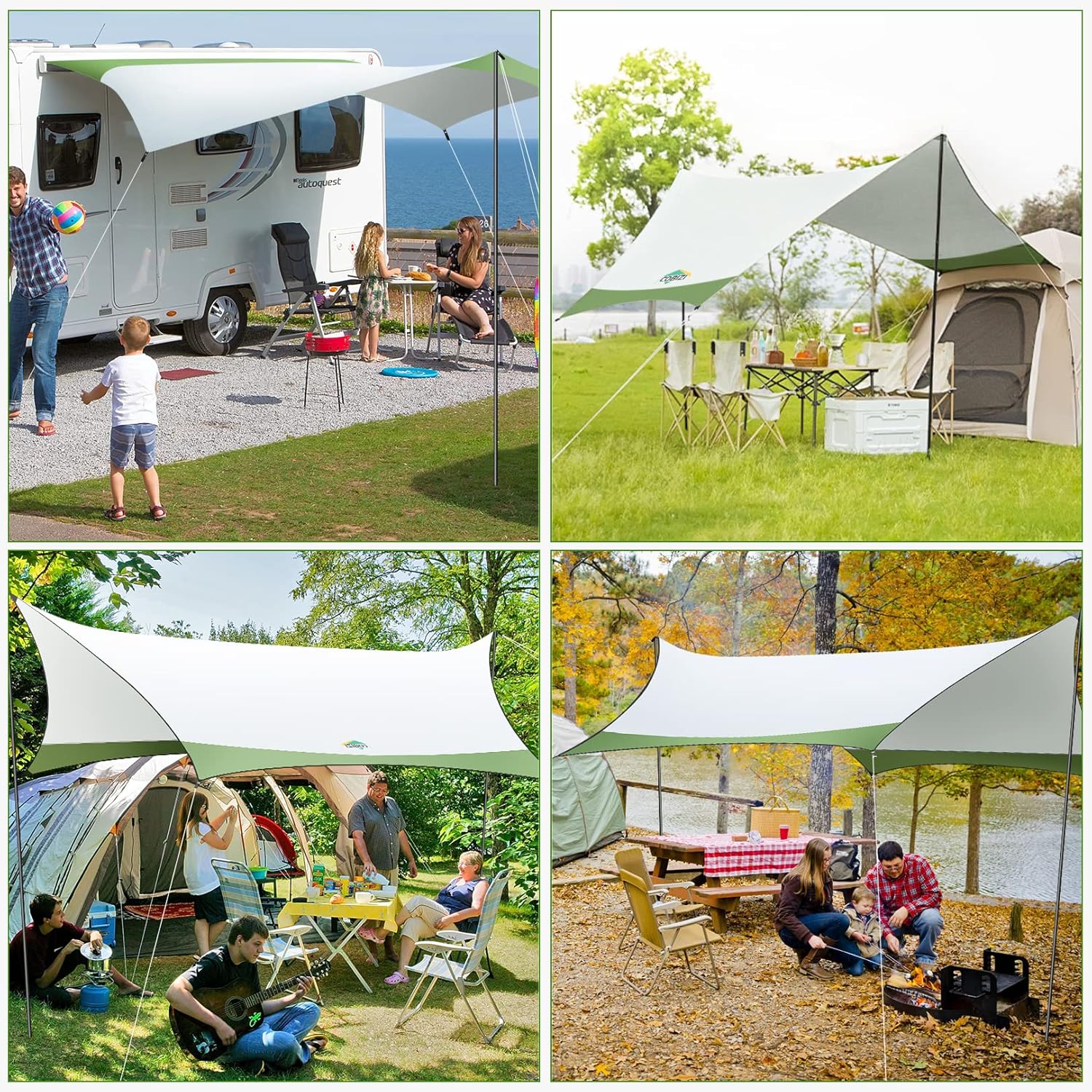 Diagram showing all components included in the HOTEEL Camping Tarp package: the tarp, two support poles, eight metal stakes, nylon ropes, and a carry bag.