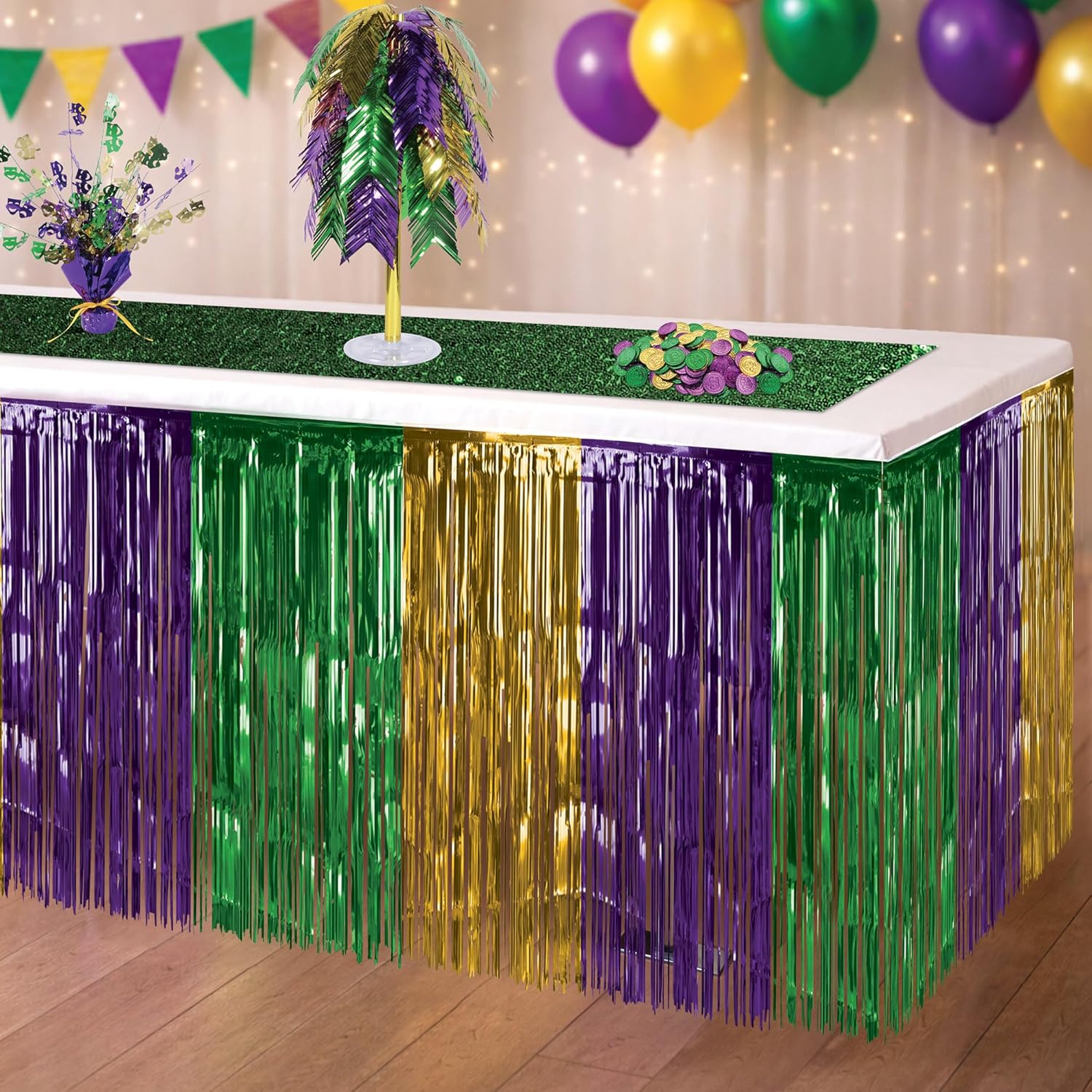 Beistle Mardi Gras Metallic Table Skirt – Gold, Green & Purple 1-Ply Fringe Skirting, Shiny Foil Table Cover Decoration for Carnival Events, Parade Themes & Festive Party Displays, 30" x 14'