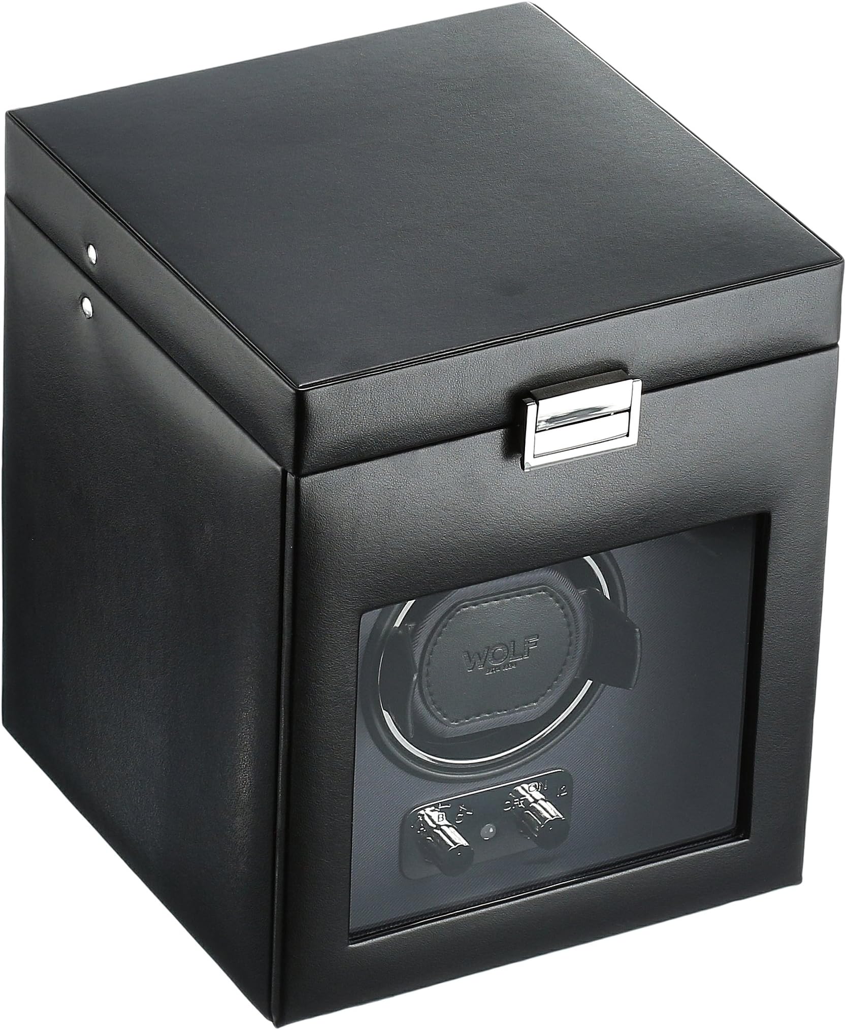 WOLF Heritage Winder with Storage, Black - Secure Fit with Patented Lock-In Dynamic Cuff - For Bigger, Heavier Watches - Vegan Leather & Glass Cover - Includes Universal Adapter