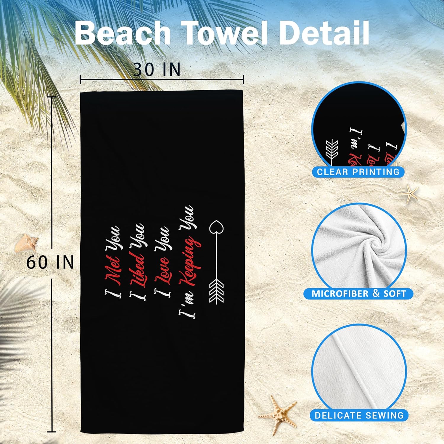 Couple I Choose You Love Beach Towel Set of 2, Honeymoon Wedding Beach Towels Valentines Day Gifts for Newlywed Bride Groom Him Her, Black Beach Towels Oversized Decor for Bathroom 30x60 in - Image 7