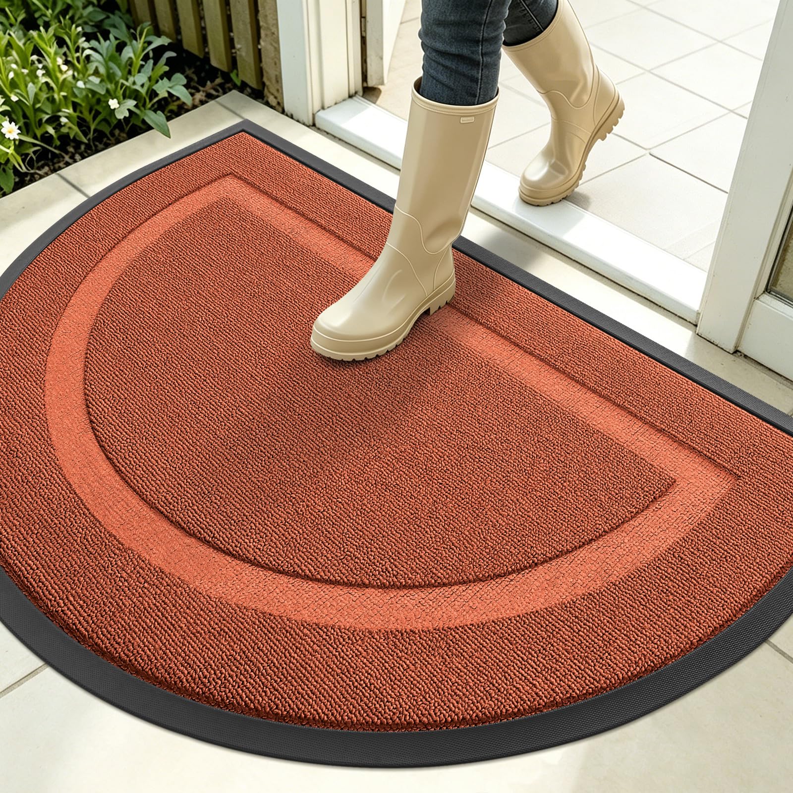 OLANLY Half Circle Front Door Mat Outside 35x23 All-Season Rubber Doormat | Vermillion Red, Absorbent, Heavy-Duty, Stain and Fade Resistant, Non-Slip Backing, Low-Profile Indoor Outdoor Entryway Mat