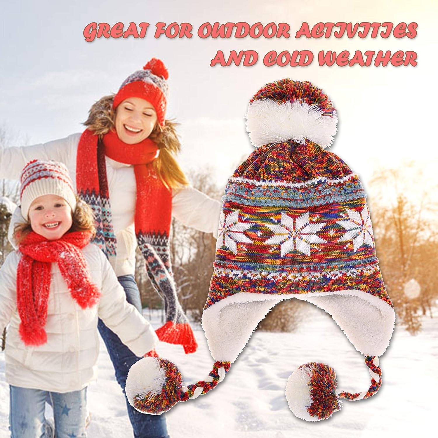 Dosoni Winter Hats for Women Knit Beanie Soft Warm Fleece Lined Long Ear Straps Snow Ski Cap with Pompom - Image 5